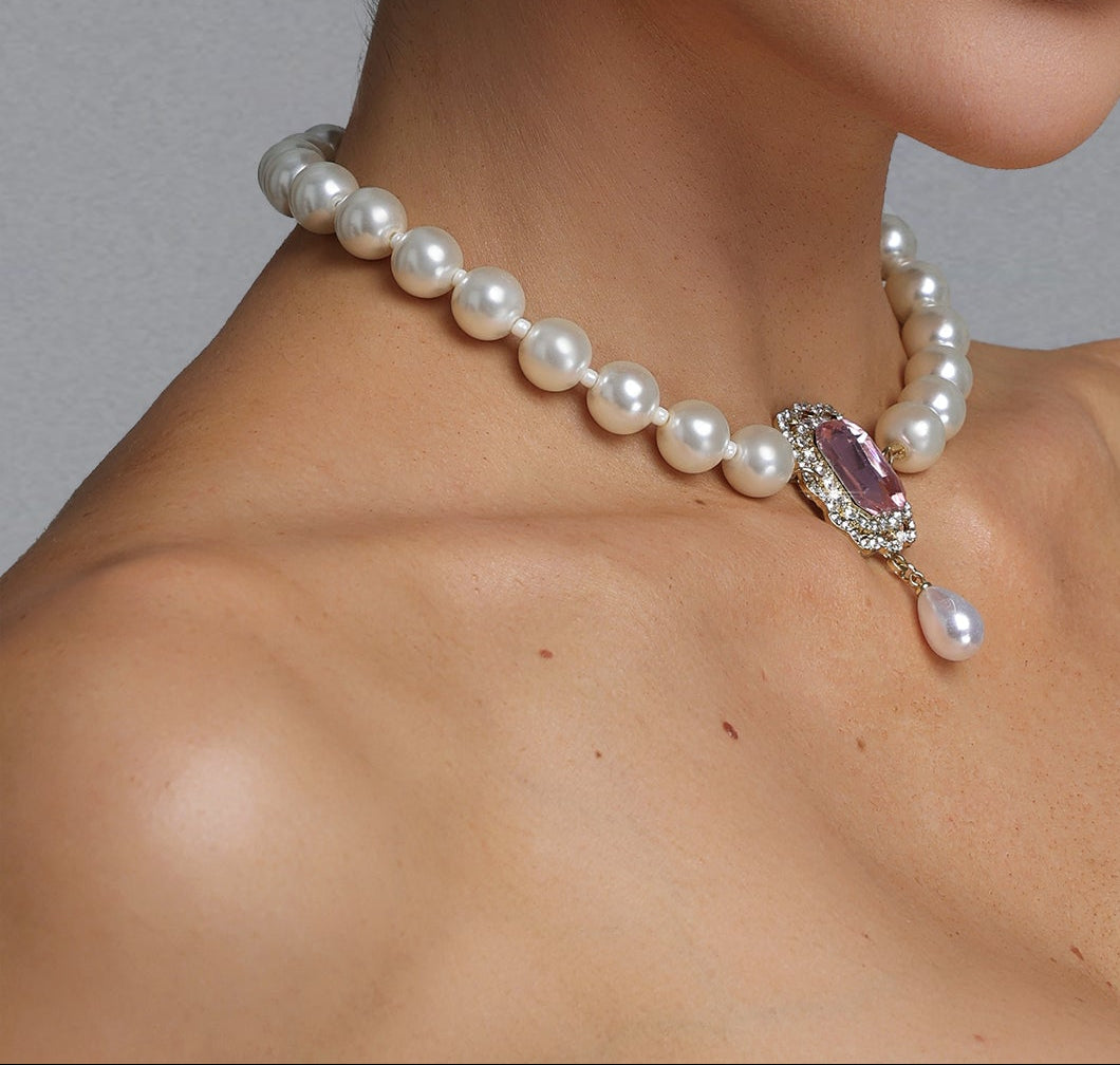 2026-06-24-andrea-m282698 PINK CRYSTAL PEARL CHOKER, RECTANGLE NECKLACE FOR PARTY