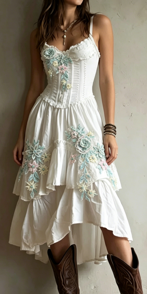 CORSET LACE TRIM TIERED MIDI DRESS FOR WEDDING GUEST