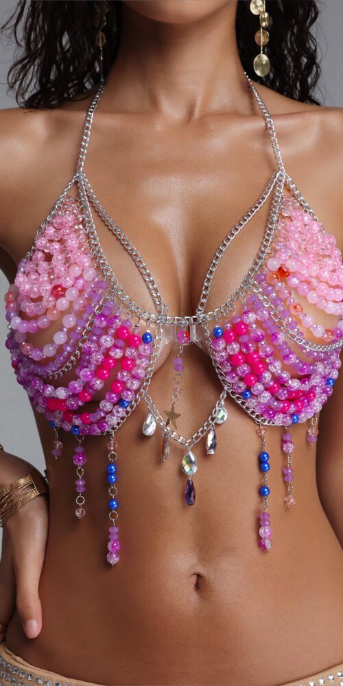 BEADED CRYSTAL CHAIN HALTER CROP TOP FOR PARTY