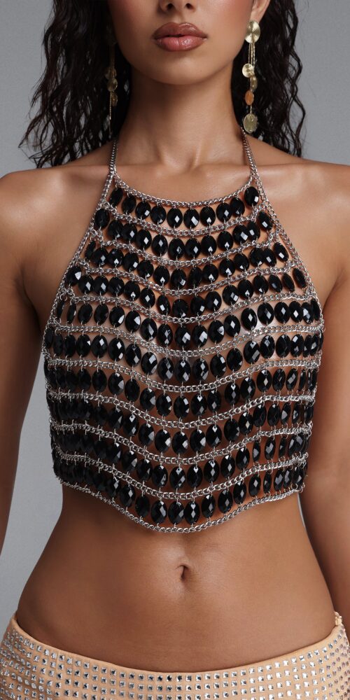 2026-06-29-maysa284217 OVAL BLACK CRYSTAL HALTER CROP TOP SILVER CHAIN
