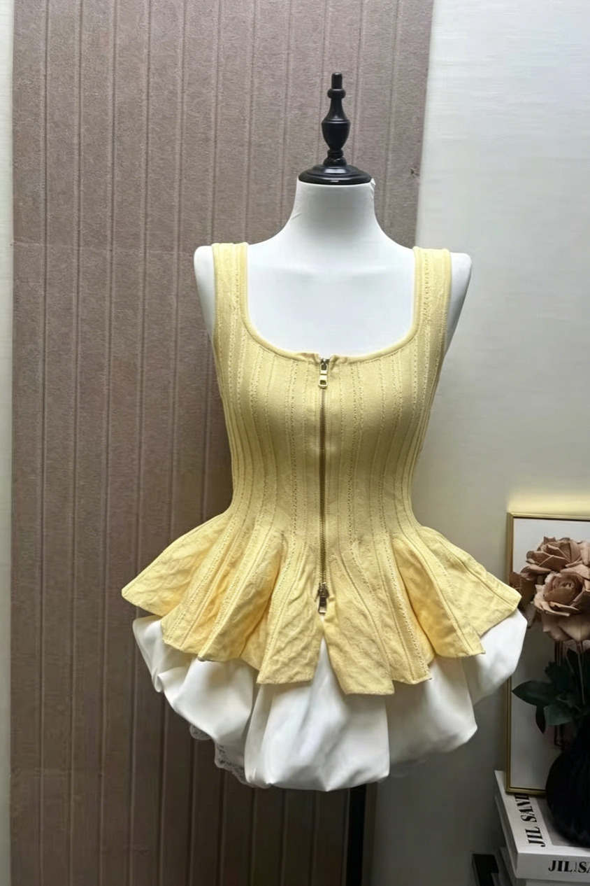 YELLOW SQUARE NECK RIBBED PEPLUM TANK TOP & WHITE BUBBLE MINI SKIRT SET