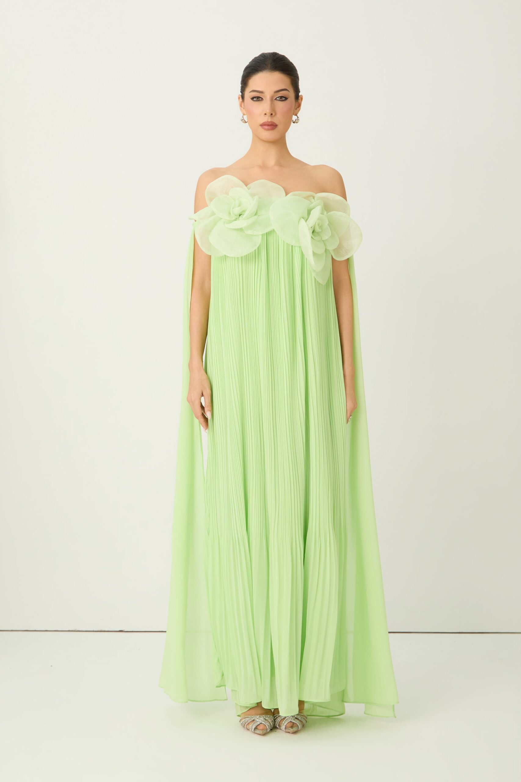 2026-2-6-ana-lookbook6685-lBr2gV LIGHT GREEN 3D FLOWER OFF-SHOULDER PLEATED CHIFFON EVENING GOWN