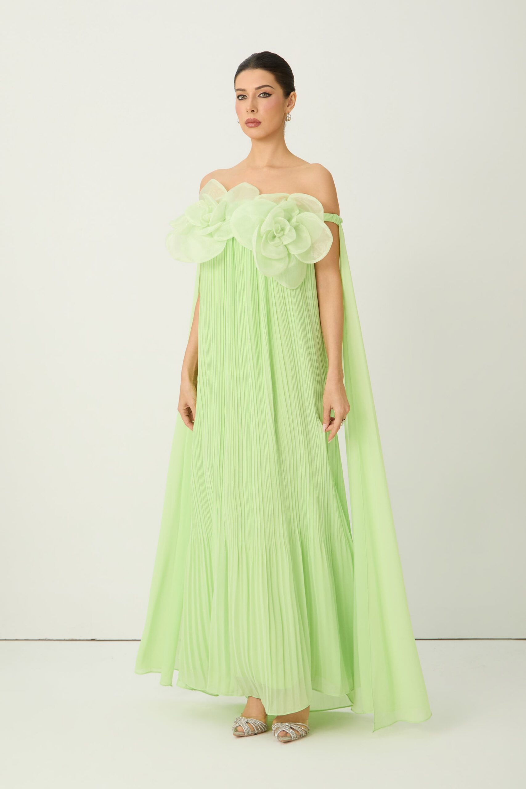 2026-2-6-ana-lookbook6695 LIGHT GREEN 3D FLOWER OFF-SHOULDER PLEATED CHIFFON EVENING GOWN