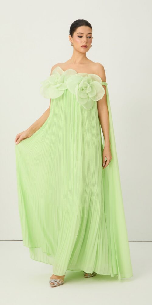 2026-2-6-ana-lookbook6696 LIGHT GREEN 3D FLOWER OFF-SHOULDER PLEATED CHIFFON EVENING GOWN