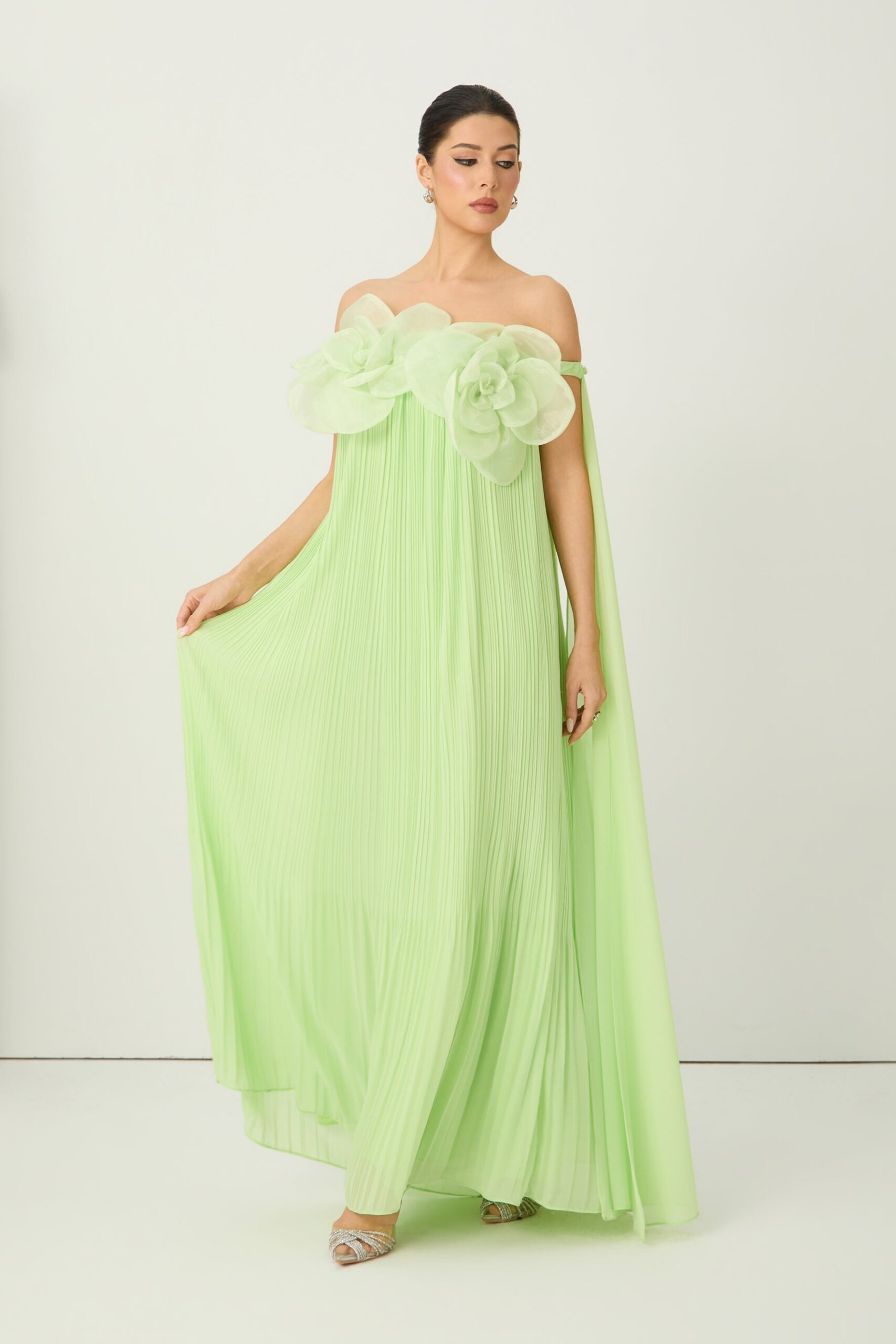 2026-2-6-ana-lookbook6696 LIGHT GREEN 3D FLOWER OFF-SHOULDER PLEATED CHIFFON EVENING GOWN