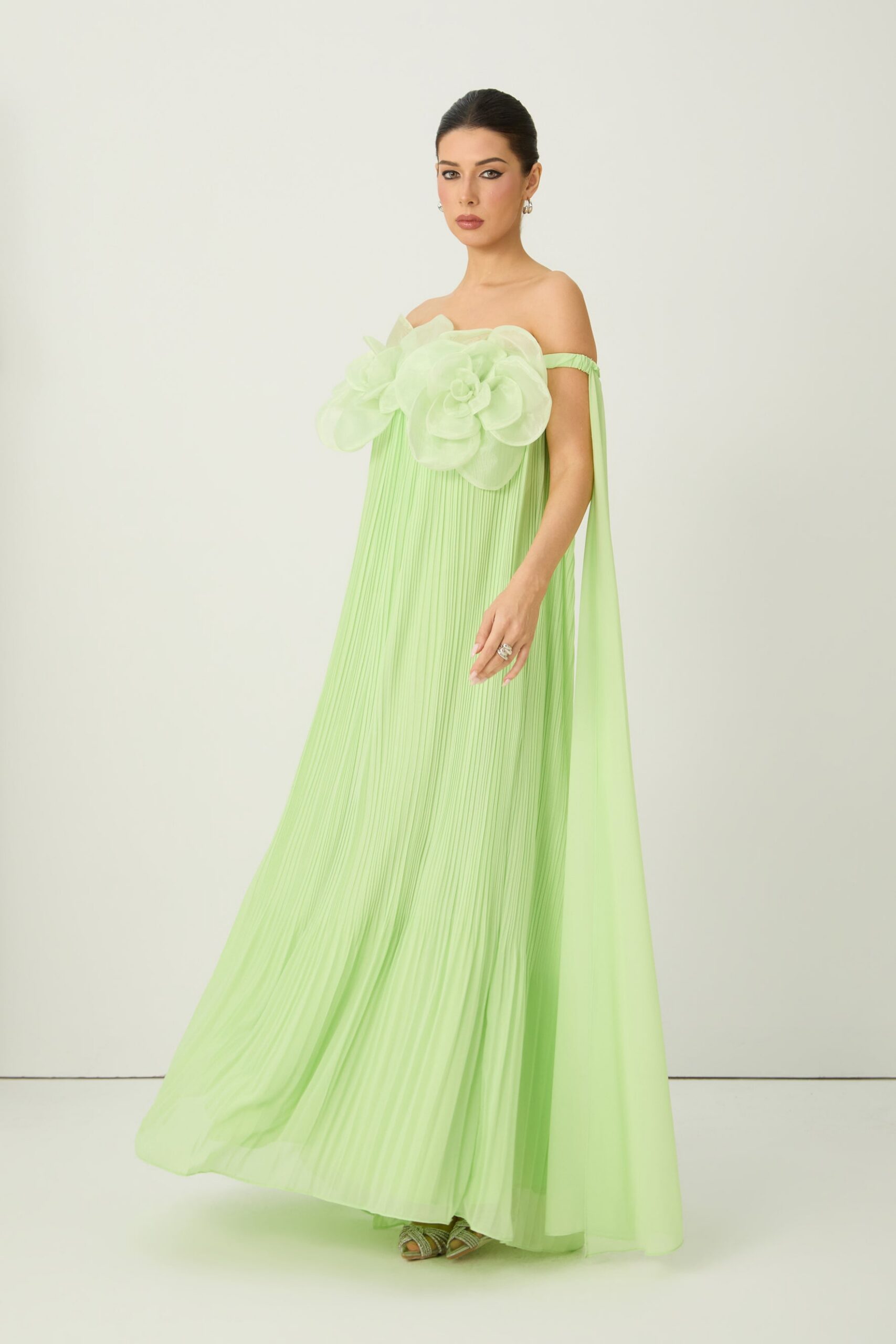 2026-2-6-ana-lookbook6701 LIGHT GREEN 3D FLOWER OFF-SHOULDER PLEATED CHIFFON EVENING GOWN