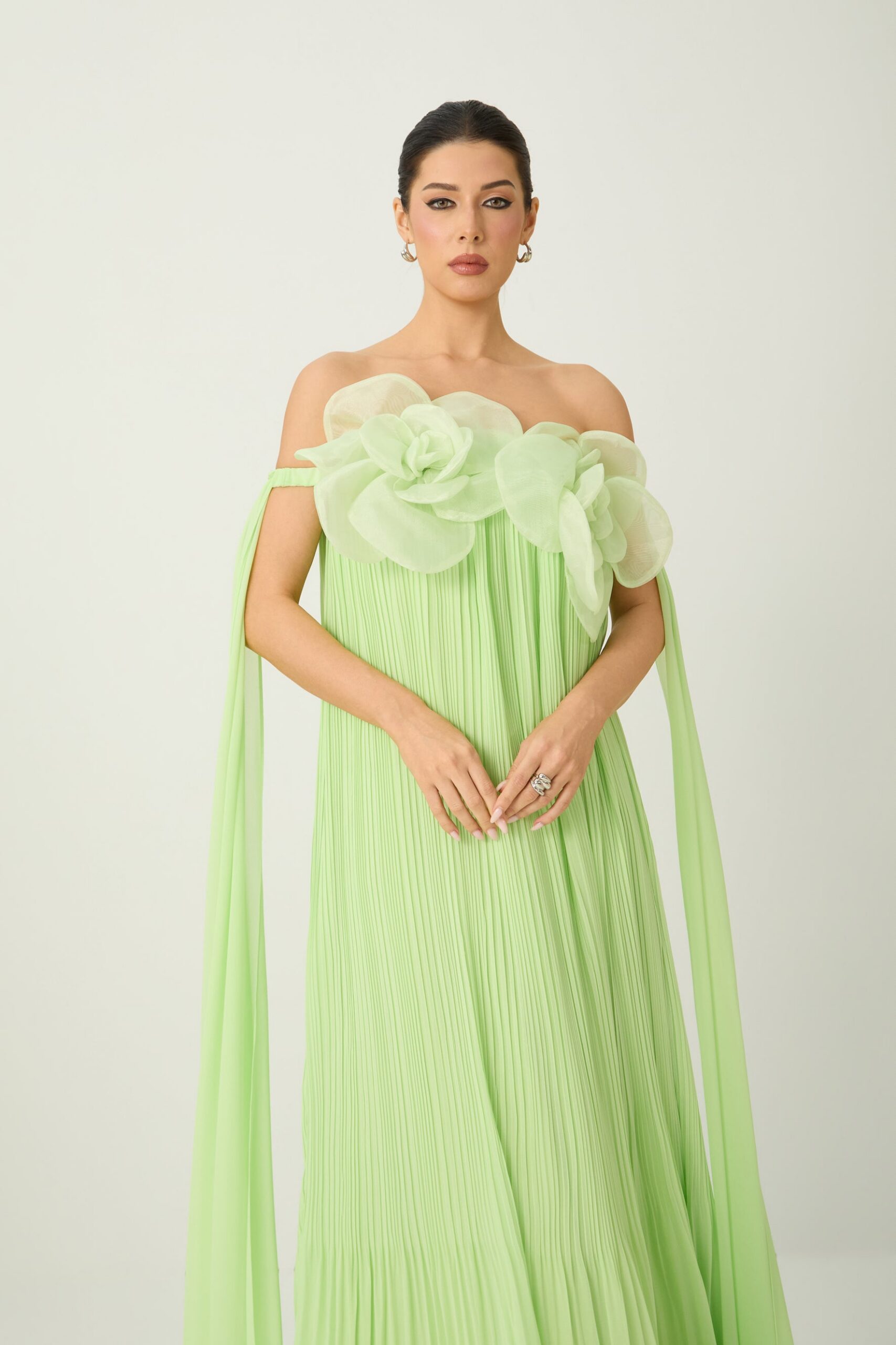 2026-2-6-ana-lookbook6738 LIGHT GREEN 3D FLOWER OFF-SHOULDER PLEATED CHIFFON EVENING GOWN