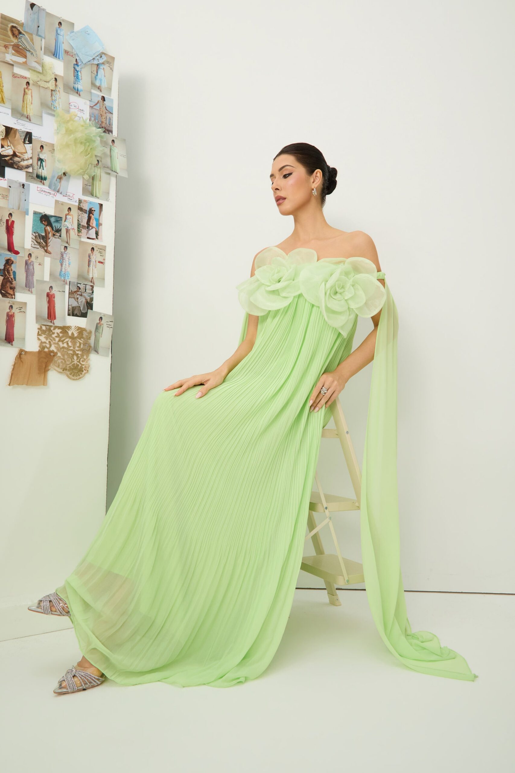 2026-2-6-ana-lookbook6790 LIGHT GREEN 3D FLOWER OFF-SHOULDER PLEATED CHIFFON EVENING GOWN