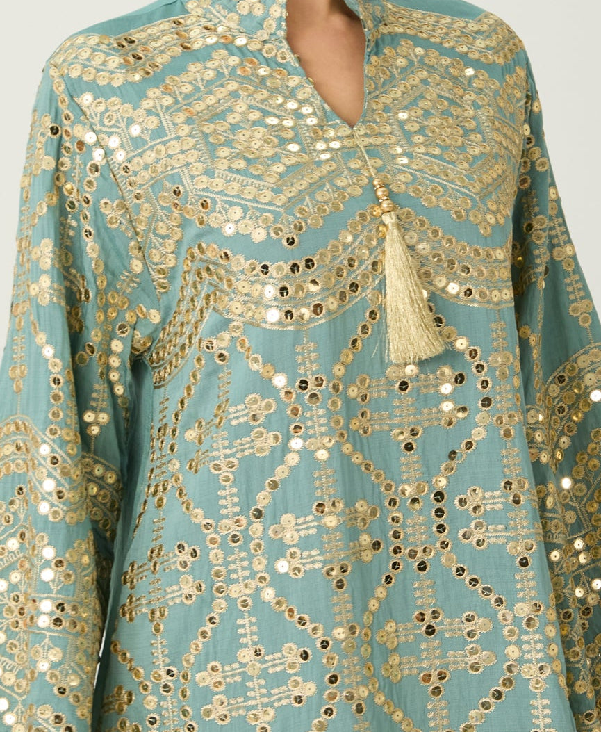 2026-2-6-ana-lookbook9510_31532317-abbf-4faf-96da-732fac293135 SAGE GREEN GOLD SEQUIN KAFTAN MIDI DRESS FLARE SLEEVE