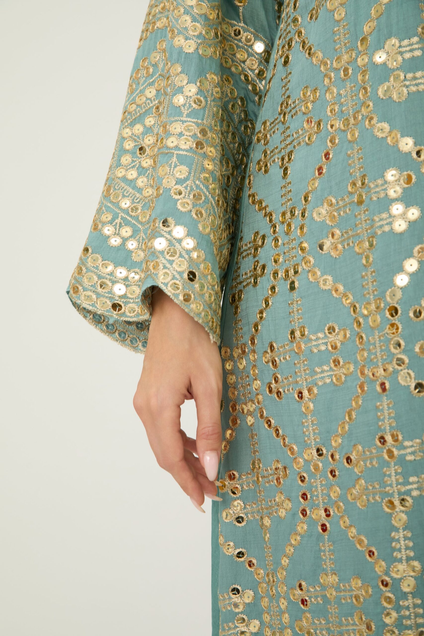 2026-2-6-ana-lookbook9516_cf76e3be-2f20-4cbf-ab1c-7bbc1eaa7f2e SAGE GREEN GOLD SEQUIN KAFTAN MIDI DRESS FLARE SLEEVE