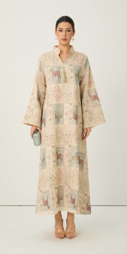 2026-2-6-ana-lookbook9610 CREAM HORSE PATCHWORK KAFTAN DRESS BELL SLEEVE STAND COLLAR