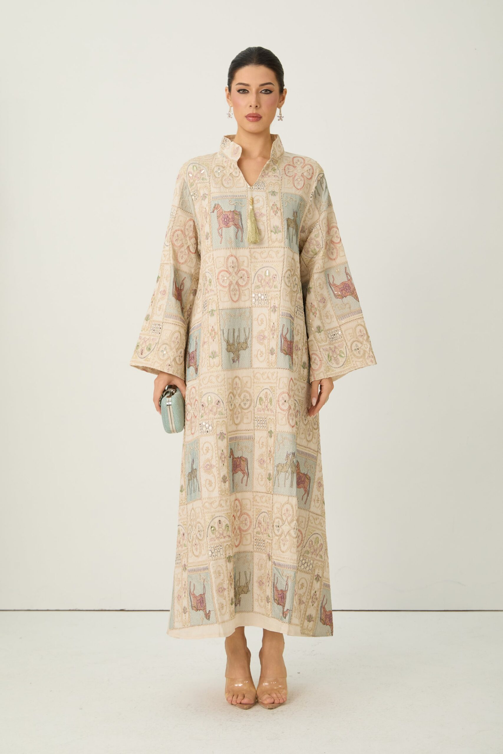2026-2-6-ana-lookbook9610 CREAM HORSE PATCHWORK KAFTAN DRESS BELL SLEEVE STAND COLLAR