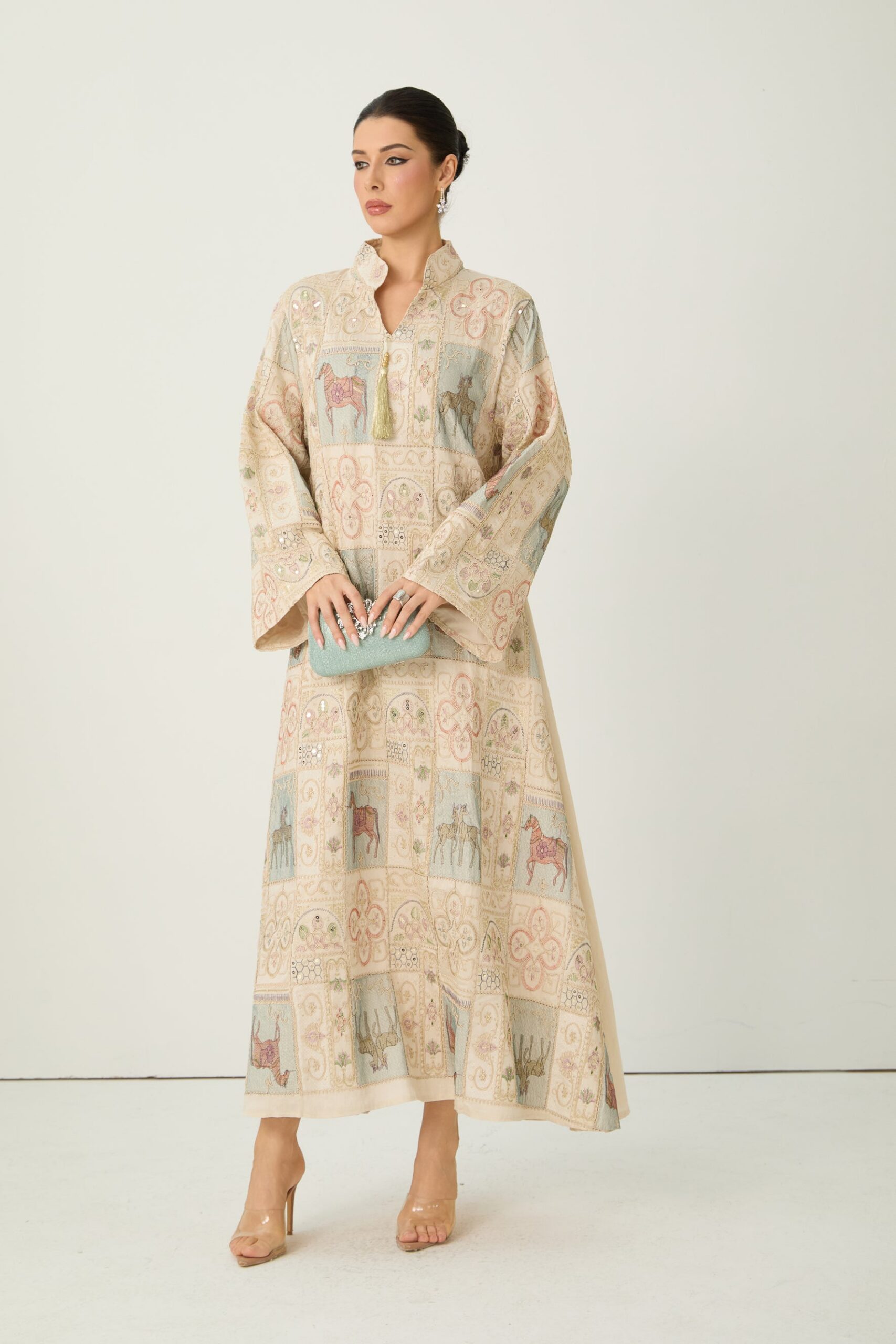 2026-2-6-ana-lookbook9627 CREAM HORSE PATCHWORK KAFTAN DRESS BELL SLEEVE STAND COLLAR