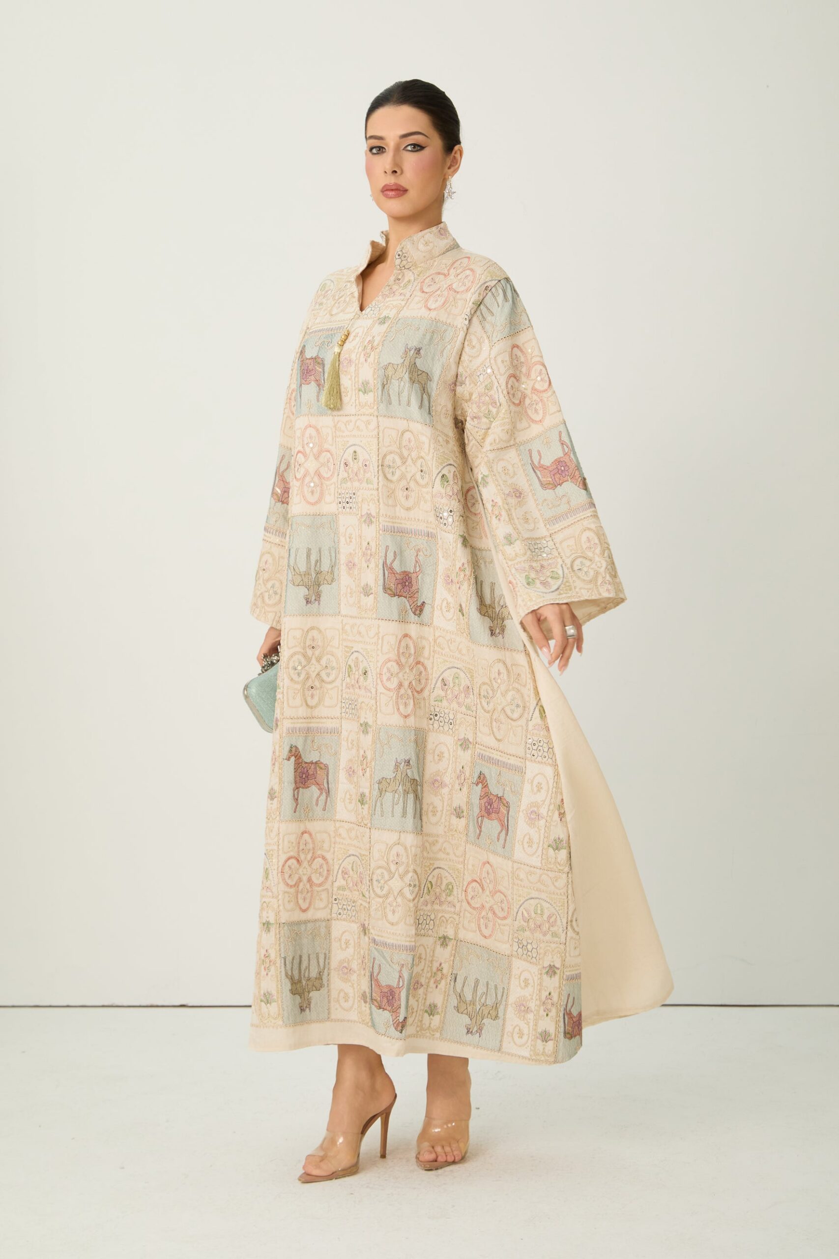 2026-2-6-ana-lookbook9629 CREAM HORSE PATCHWORK KAFTAN DRESS BELL SLEEVE STAND COLLAR