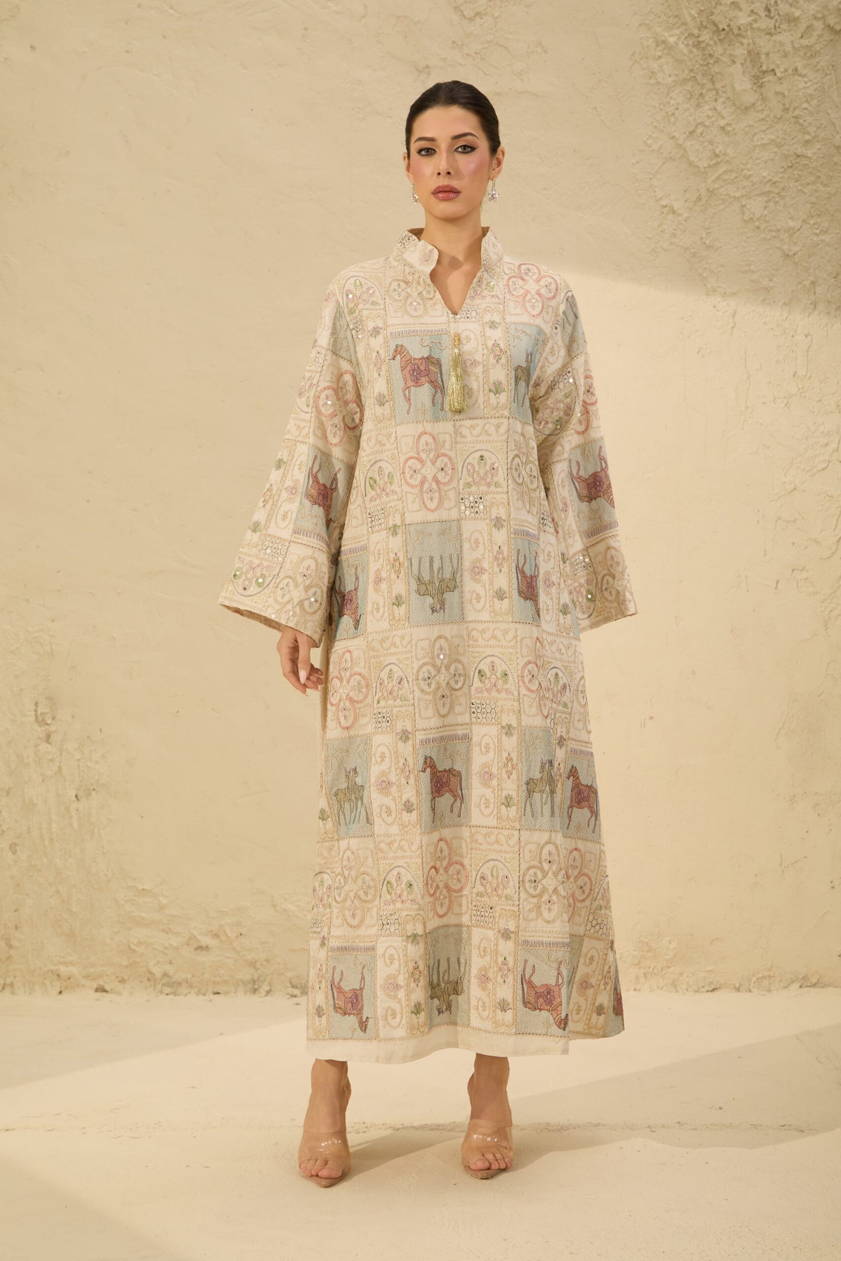 2026-2-6-ana-lookbook9676 CREAM HORSE PATCHWORK KAFTAN DRESS BELL SLEEVE STAND COLLAR