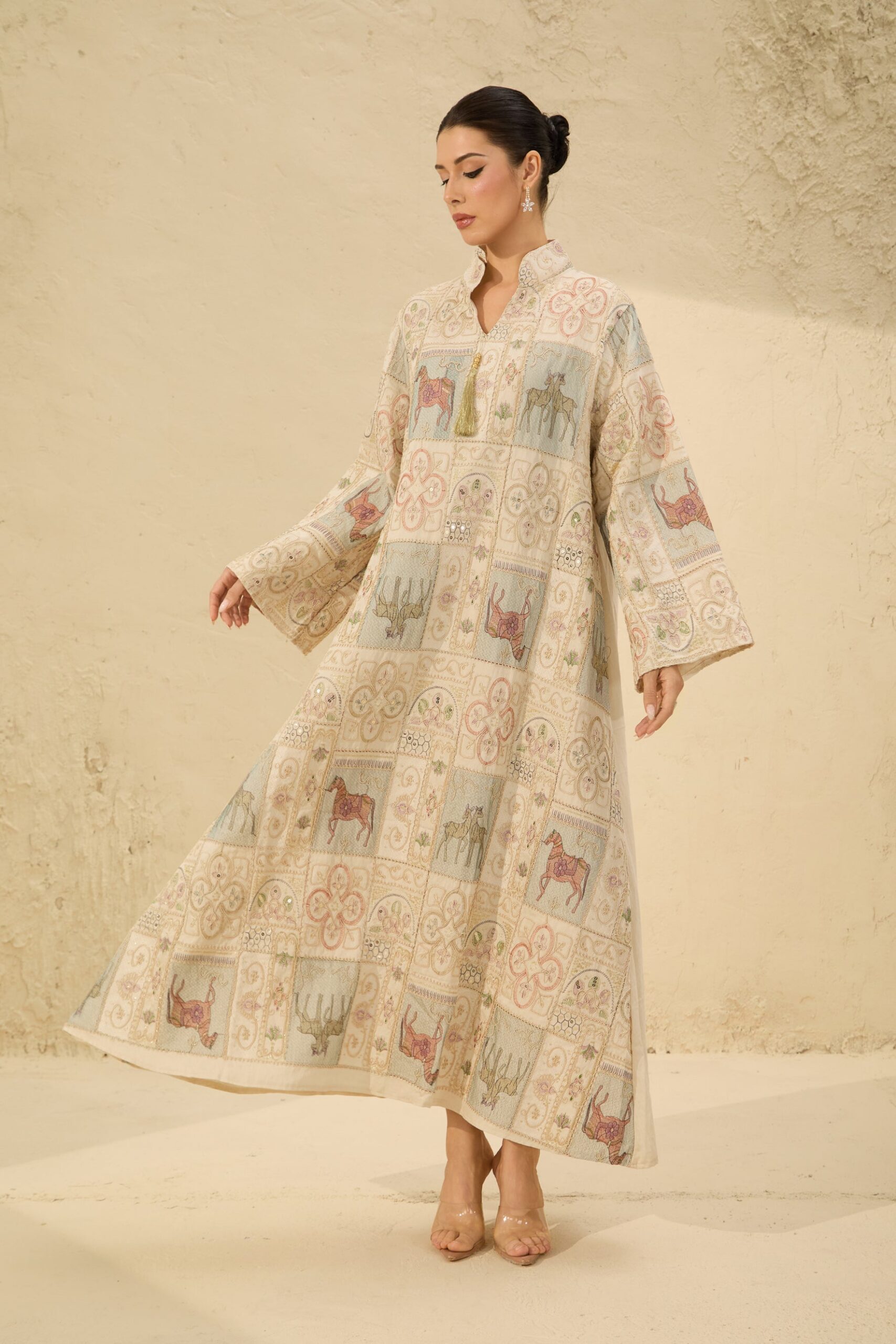 2026-2-6-ana-lookbook9684 CREAM HORSE PATCHWORK KAFTAN DRESS BELL SLEEVE STAND COLLAR