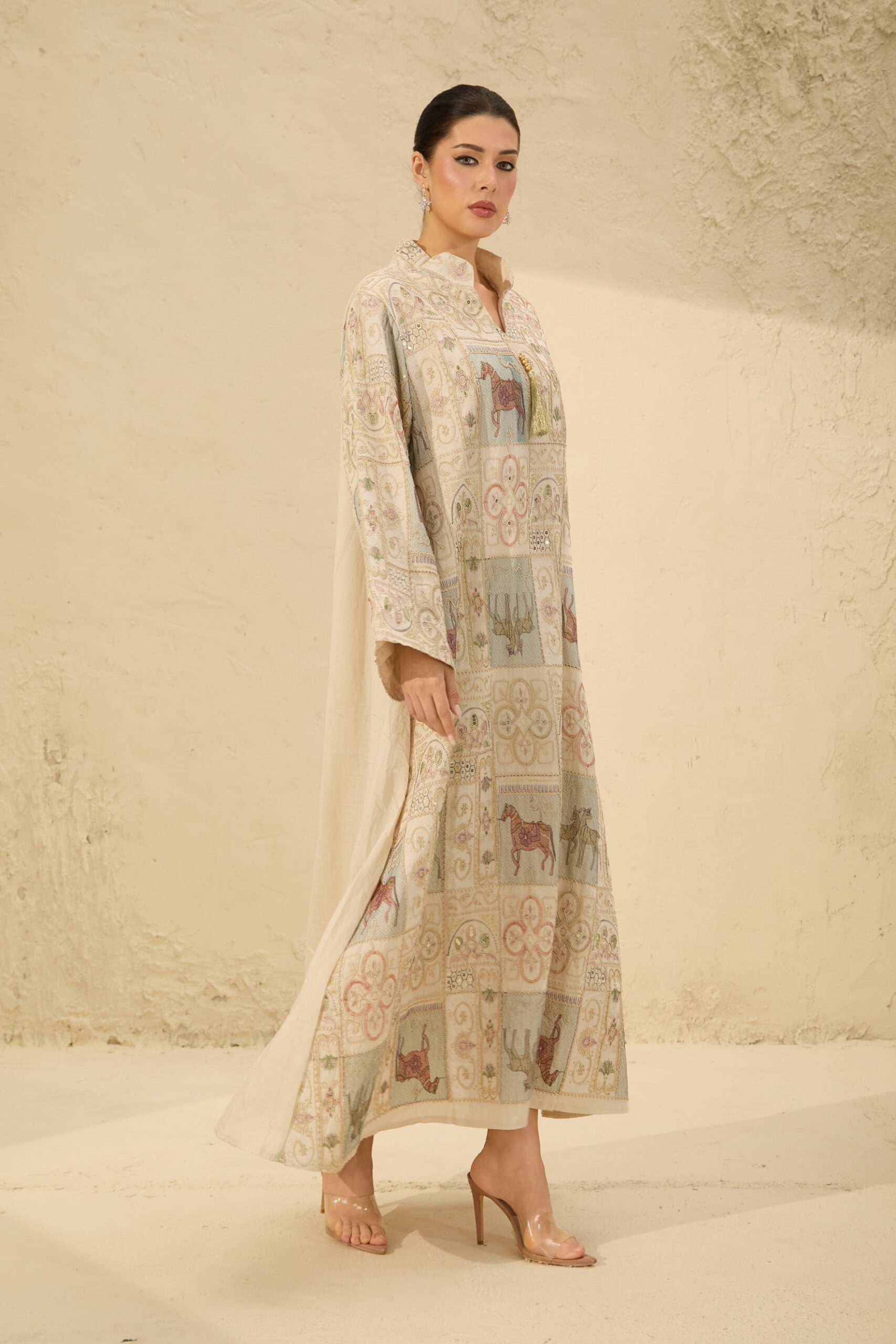 2026-2-6-ana-lookbook9694 CREAM HORSE PATCHWORK KAFTAN DRESS BELL SLEEVE STAND COLLAR