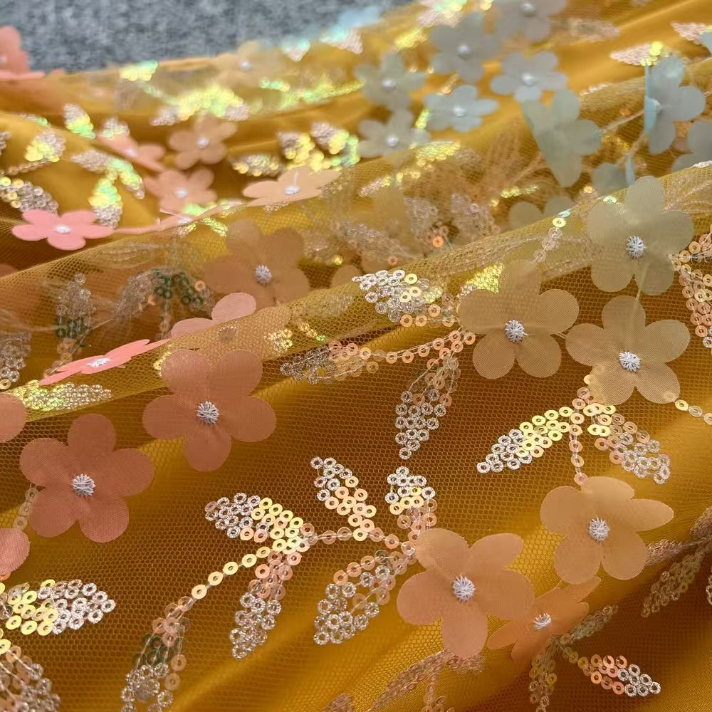 20260708152704_266_34 MUSTARD HALTER FLORAL EMBROIDERY SHEER TULLE MIDI DRESS