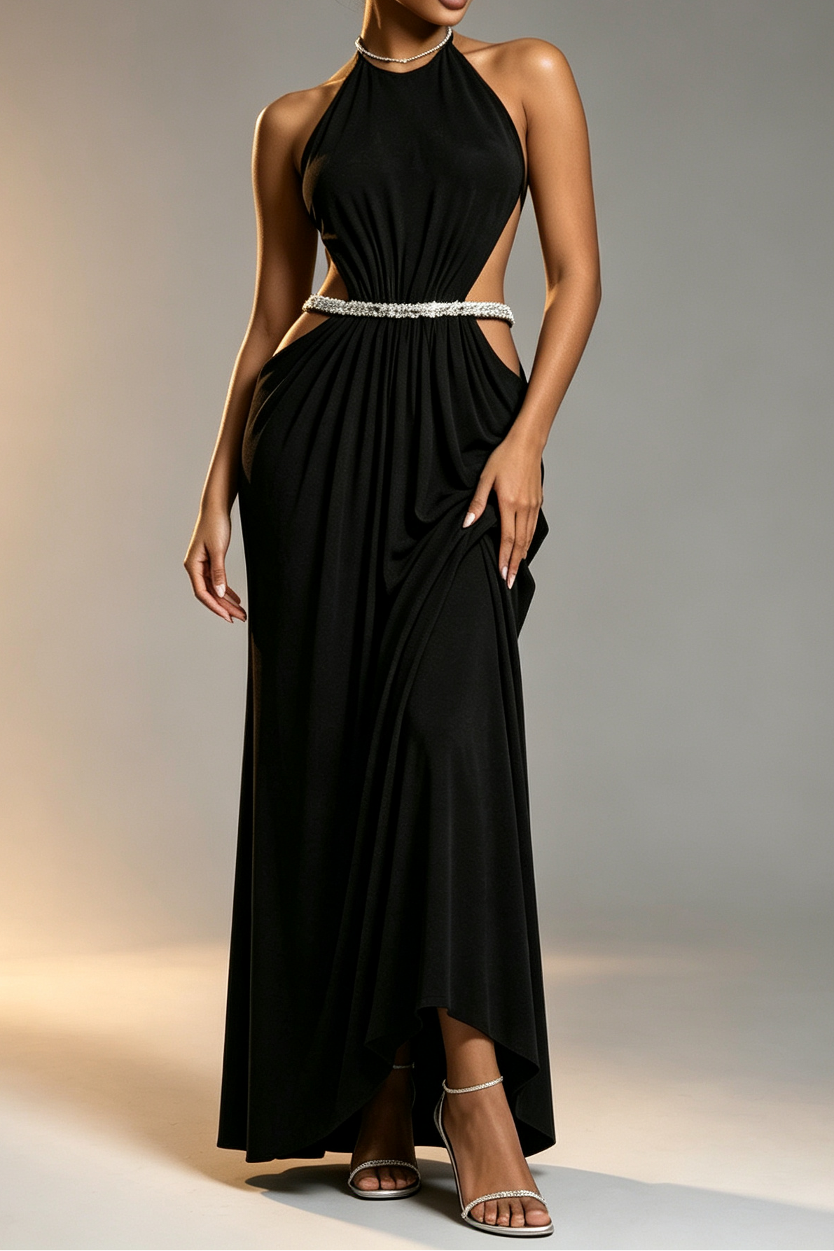 BLACK RHINESTONE HALTER MERMAID FORMAL GOWN
