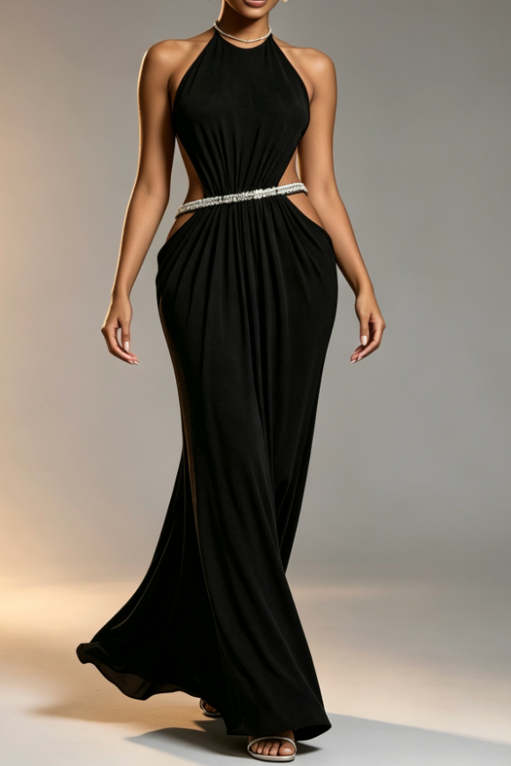BLACK RHINESTONE HALTER MERMAID FORMAL GOWN