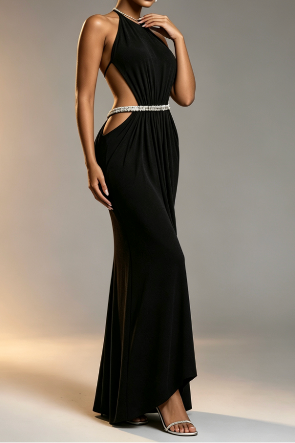 BLACK RHINESTONE HALTER MERMAID FORMAL GOWN