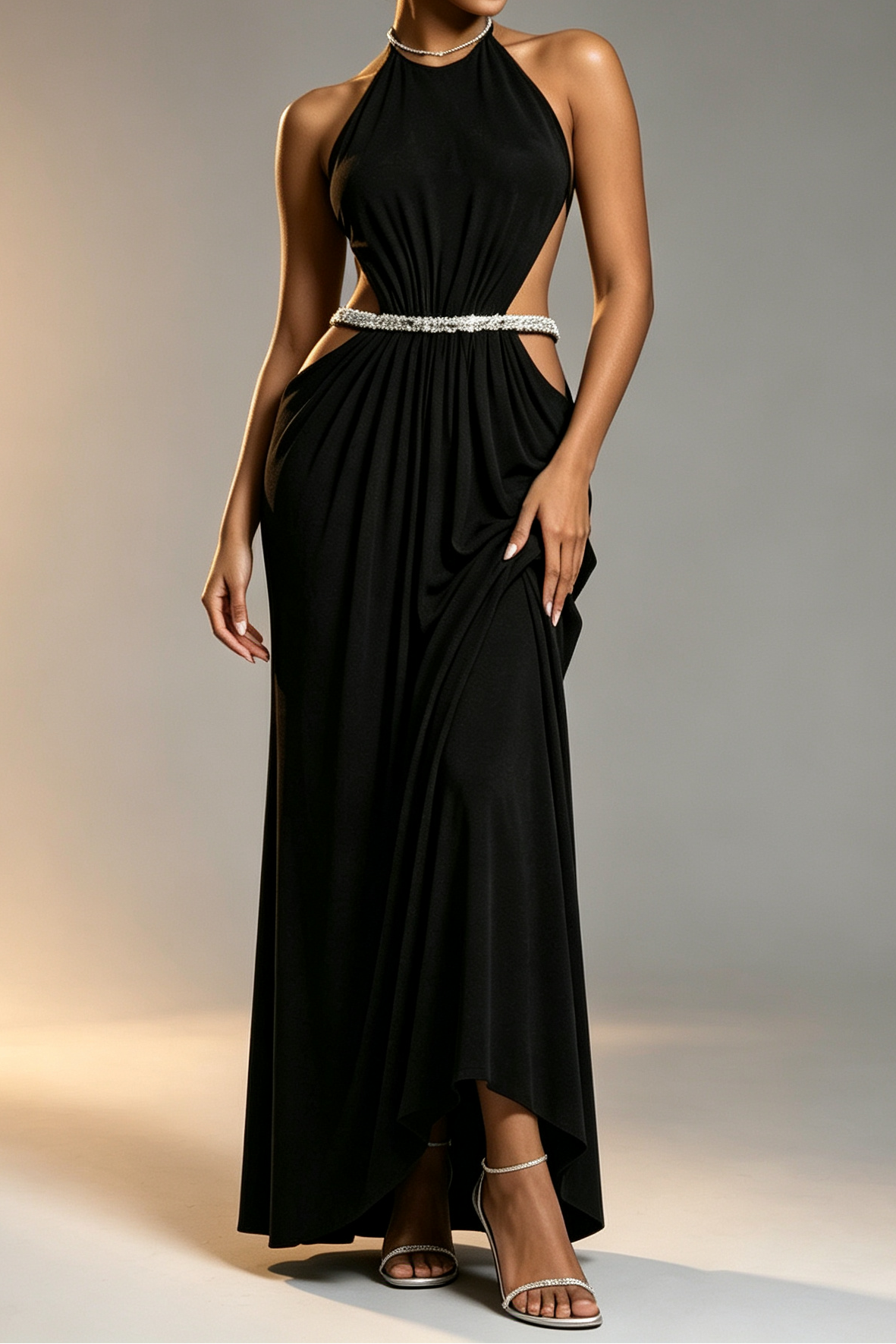 BLACK RHINESTONE HALTER MERMAID FORMAL GOWN