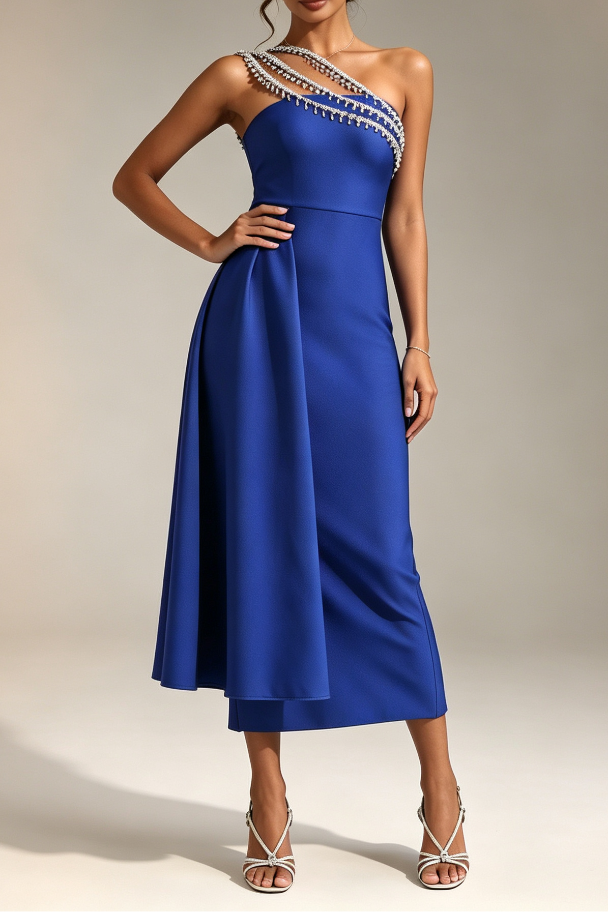 20260709171228_291_34 ROYAL BLUE ONE SHOULDER FRINGE RHINESTONE SLIM MIDI DRESS