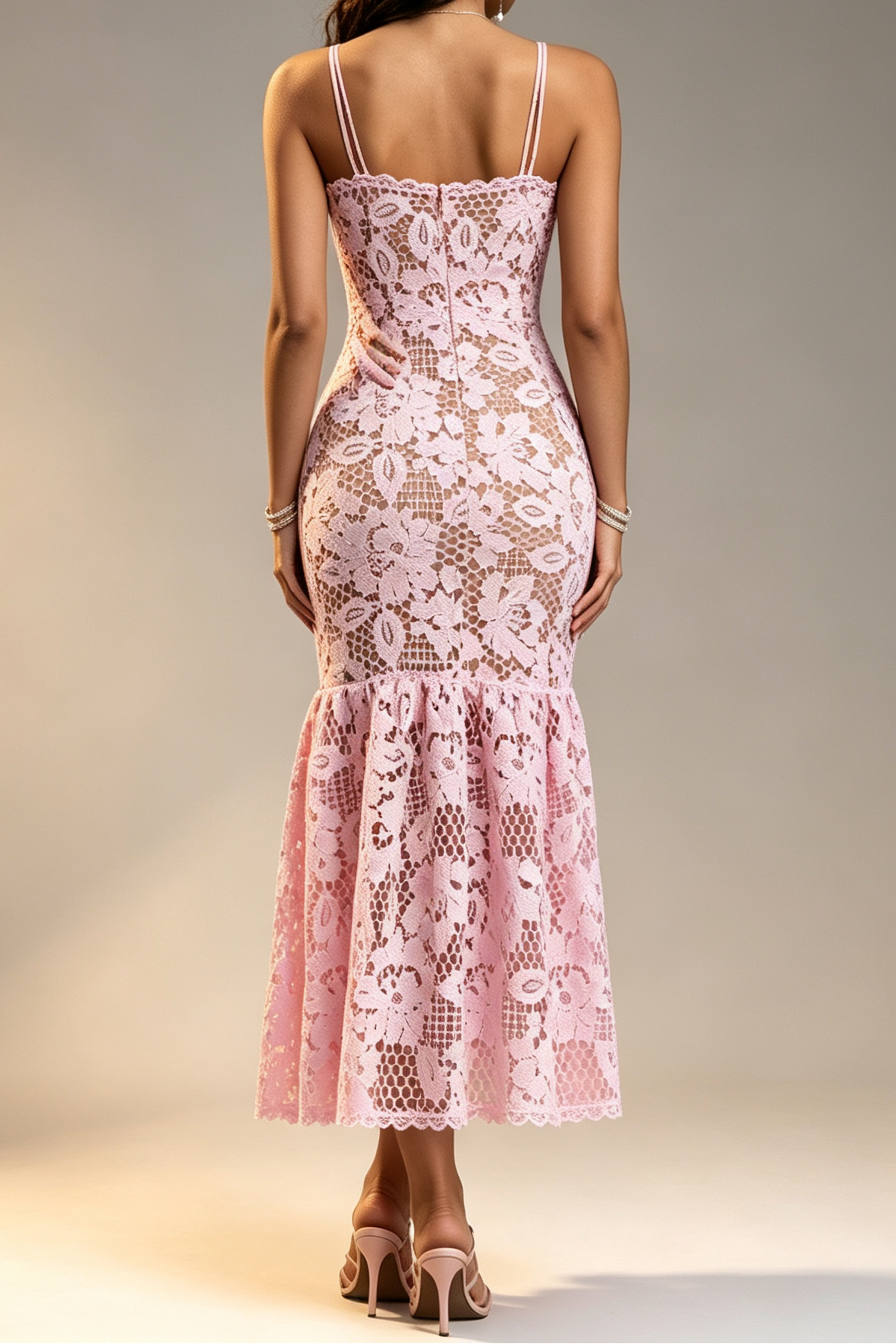 PINK LACE MERMAID MIDI DRESS, SCALLOPED NECK, SPAGHETTI STRAP