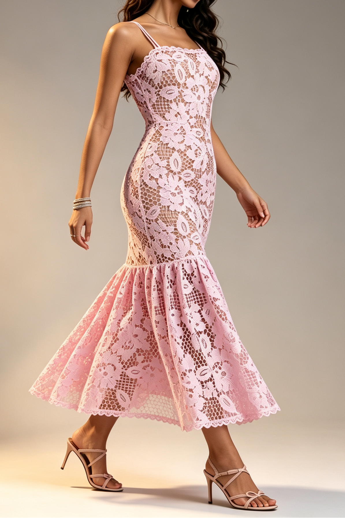 PINK LACE MERMAID MIDI DRESS, SCALLOPED NECK, SPAGHETTI STRAP