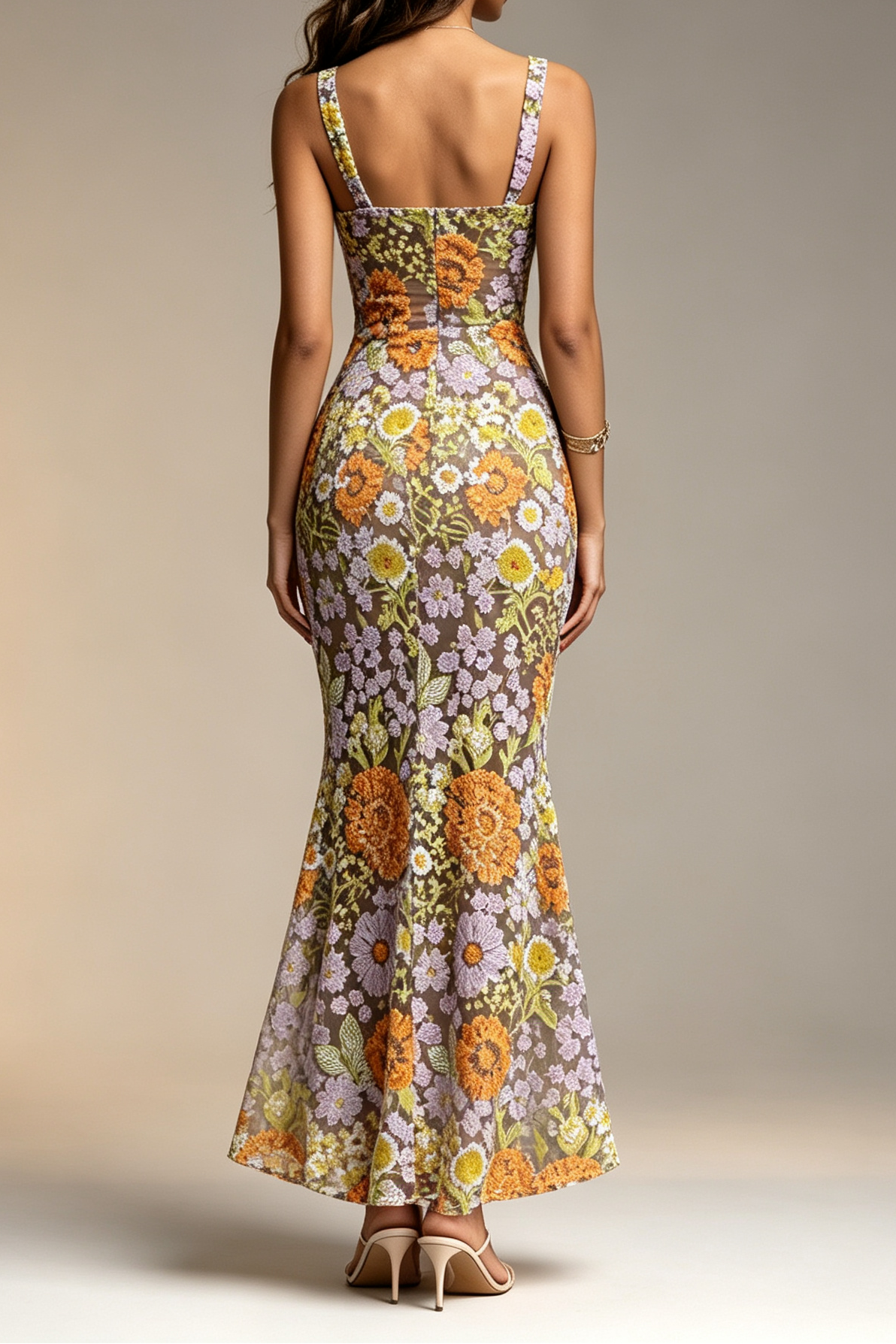 20260709173427_303_34 MULTICOLOR 3D FLORAL BEADED MERMAID MAXI DRESS, SQUARE NECK, HIGH SLIT
