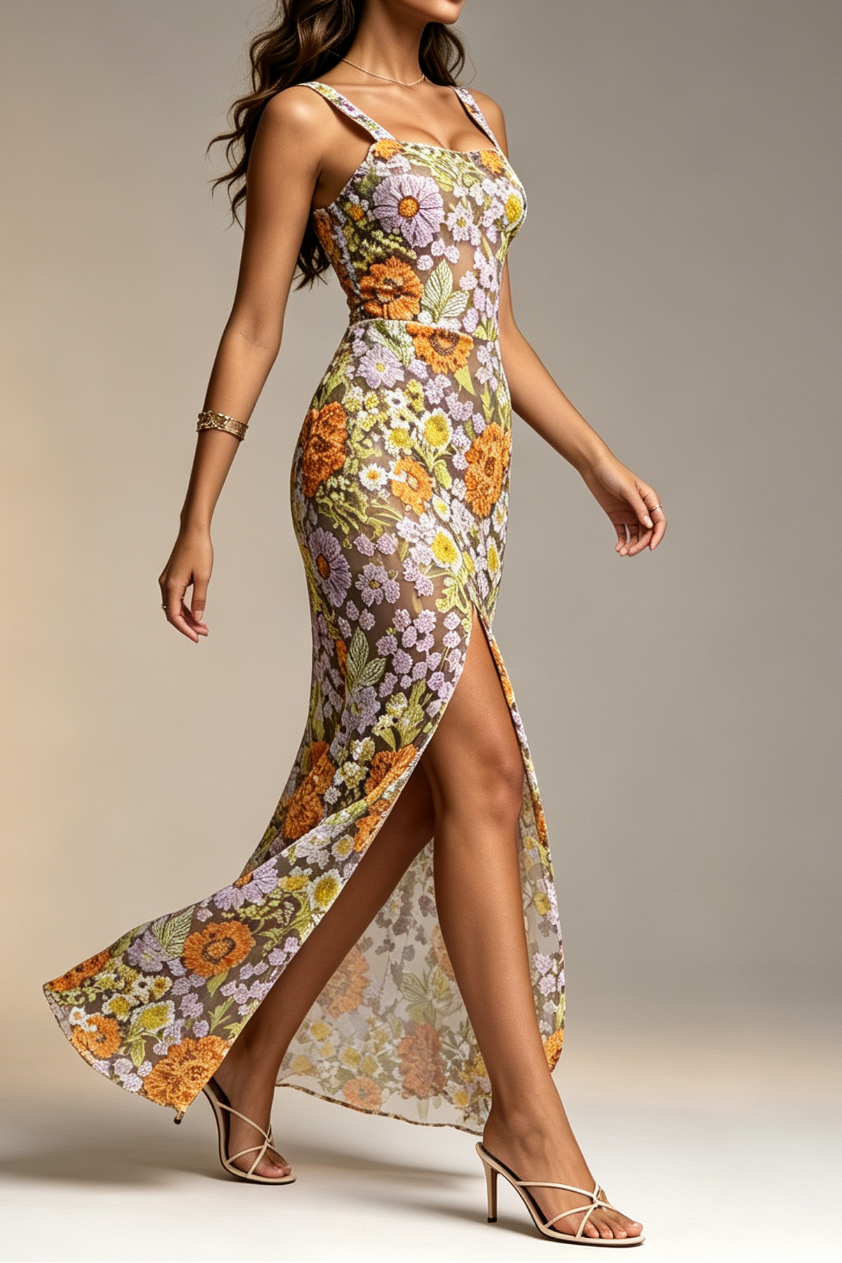 20260709173427_305_34 MULTICOLOR 3D FLORAL BEADED MERMAID MAXI DRESS, SQUARE NECK, HIGH SLIT