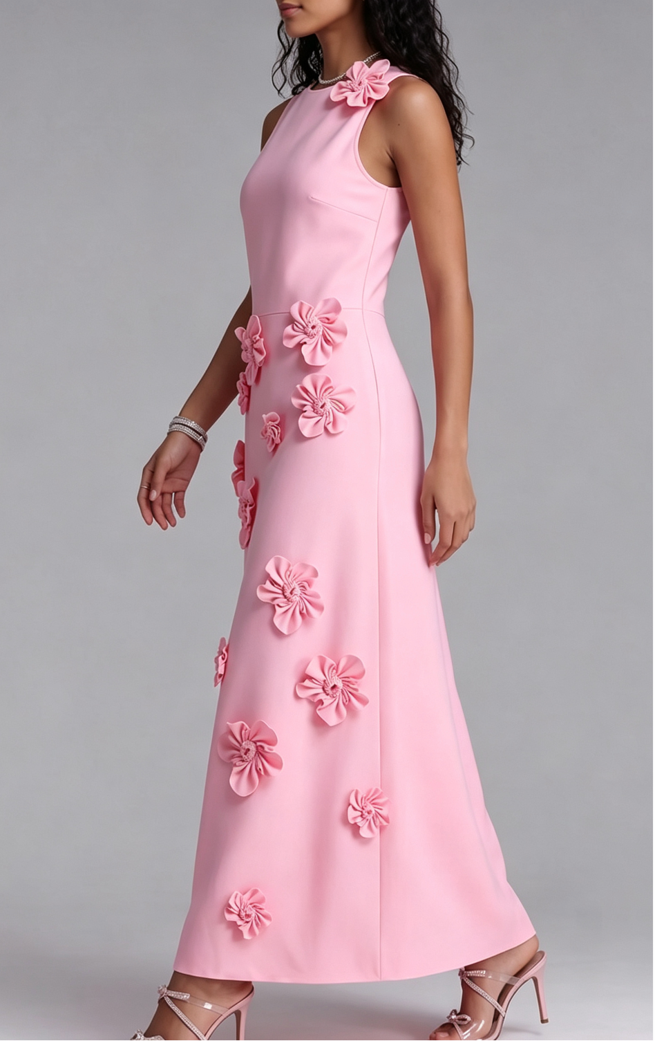 20260730141808_322_34 SLEEVELESS ROUND NECK 3D FLORAL MIDI DRESS