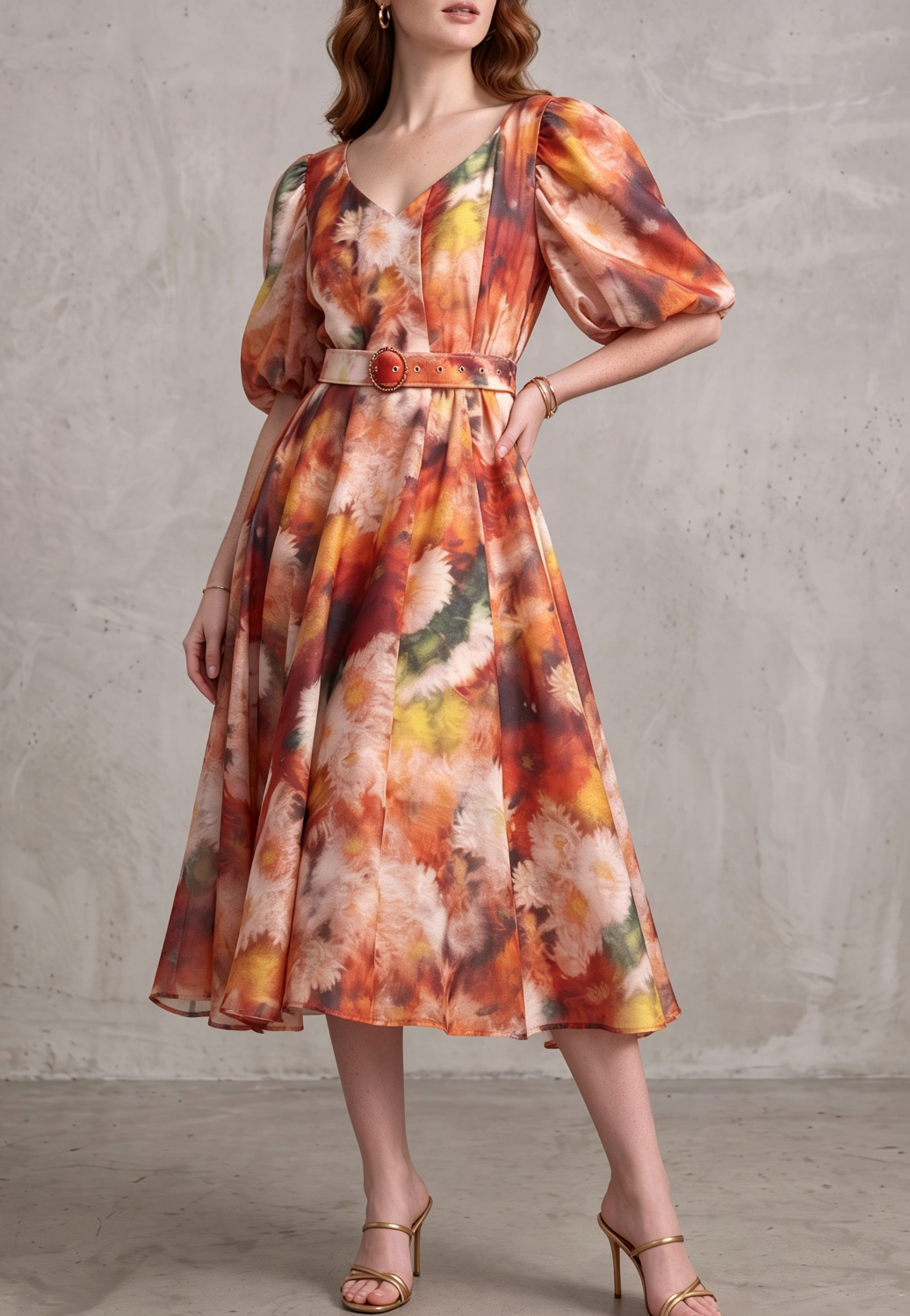 20260730143020_325_34 V-NECK PUFF SLEEVE FLORAL BELTED MIDI DRESS