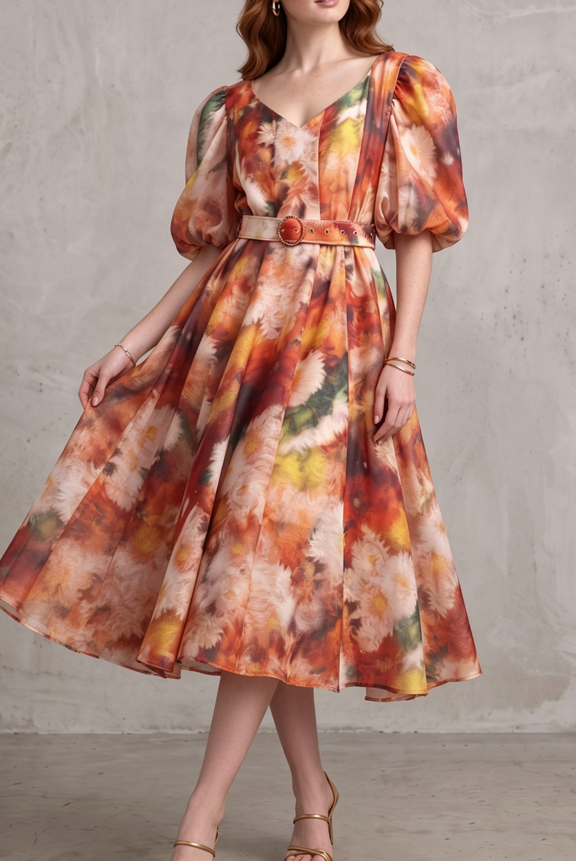 20260730143036_326_34 V-NECK PUFF SLEEVE FLORAL BELTED MIDI DRESS