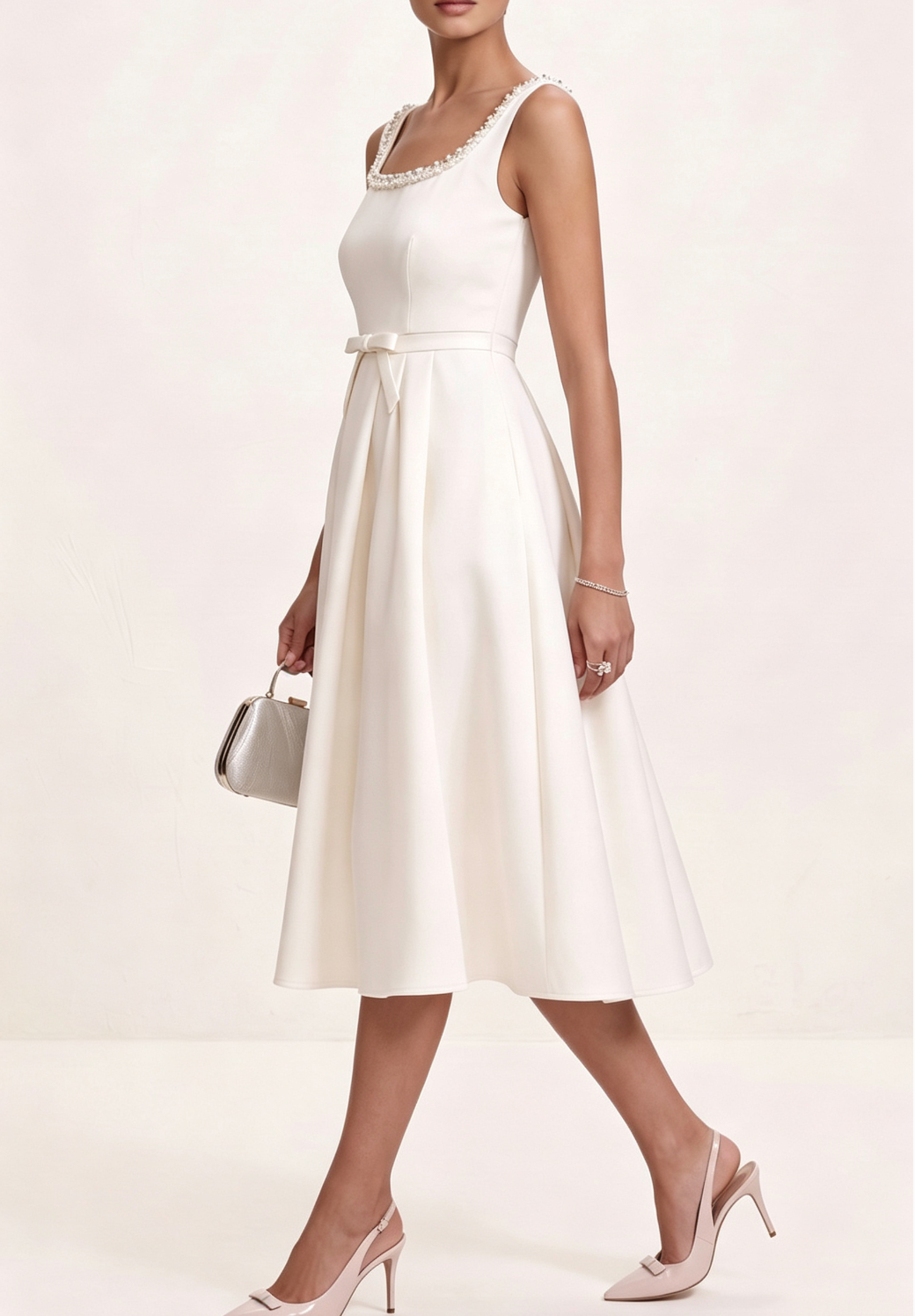 20260730144400_329_34 CRYSTAL SQUARE NECK BOW WAIST A-LINE MIDI DRESS