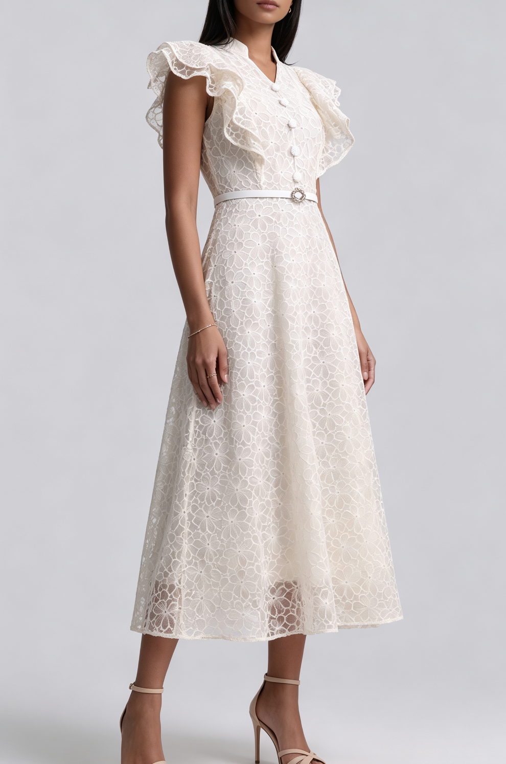 20260730150212_334_34 MANDARIN COLLAR LACE MIDI DRESS WITH RUFFLE SLEEVE & BELT