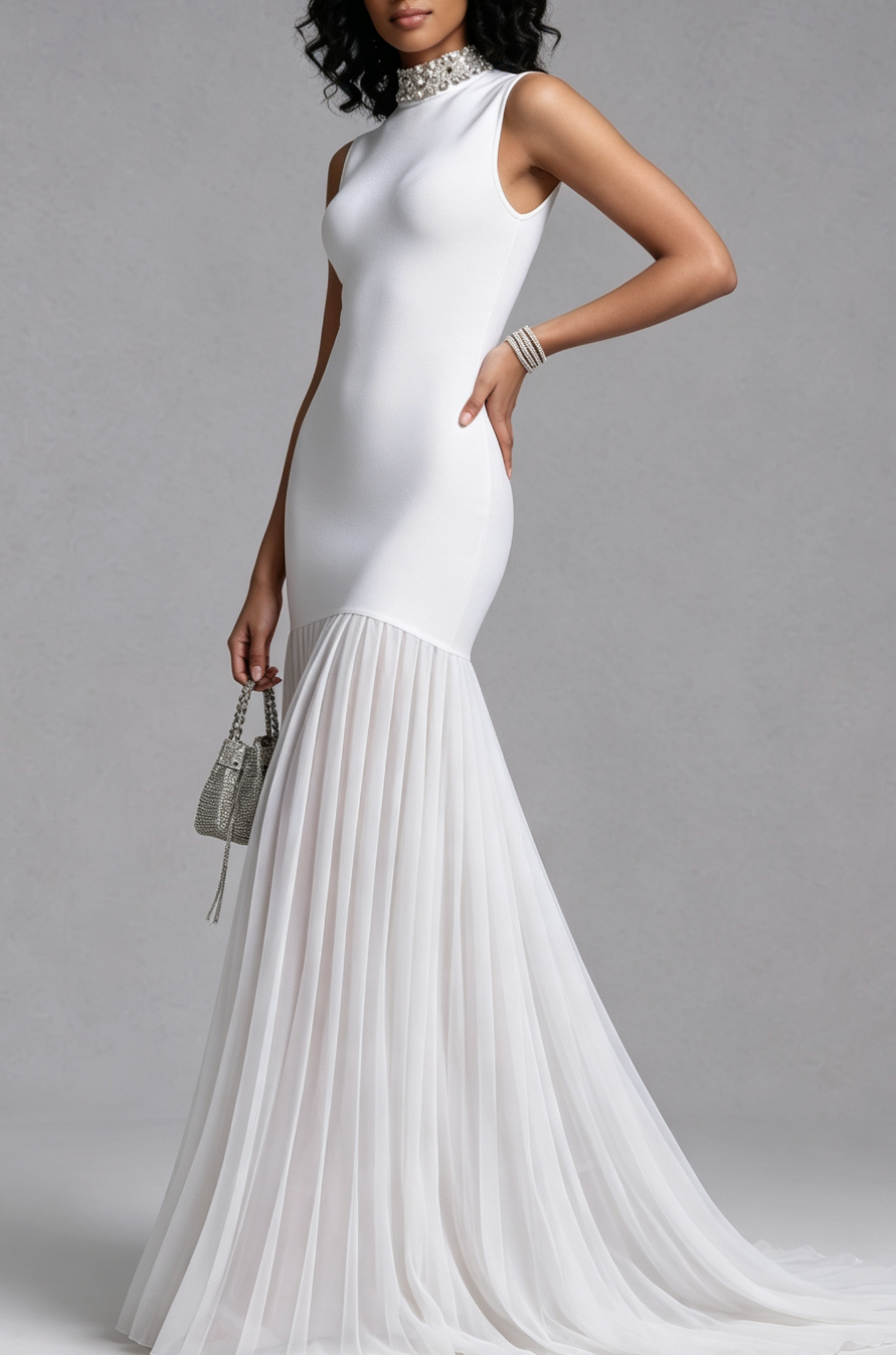 20260730150820_336_34 RHINESTONE HIGH NECK SLEEVELESS BANDAGE CHIFFON MAXI DRESS