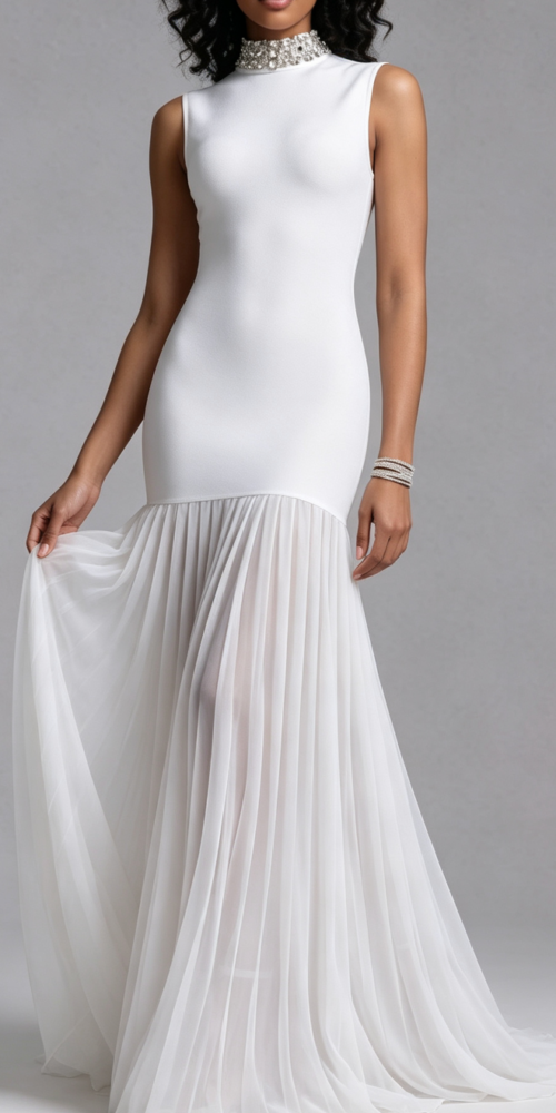 20260730150820_337_34 RHINESTONE HIGH NECK SLEEVELESS BANDAGE CHIFFON MAXI DRESS