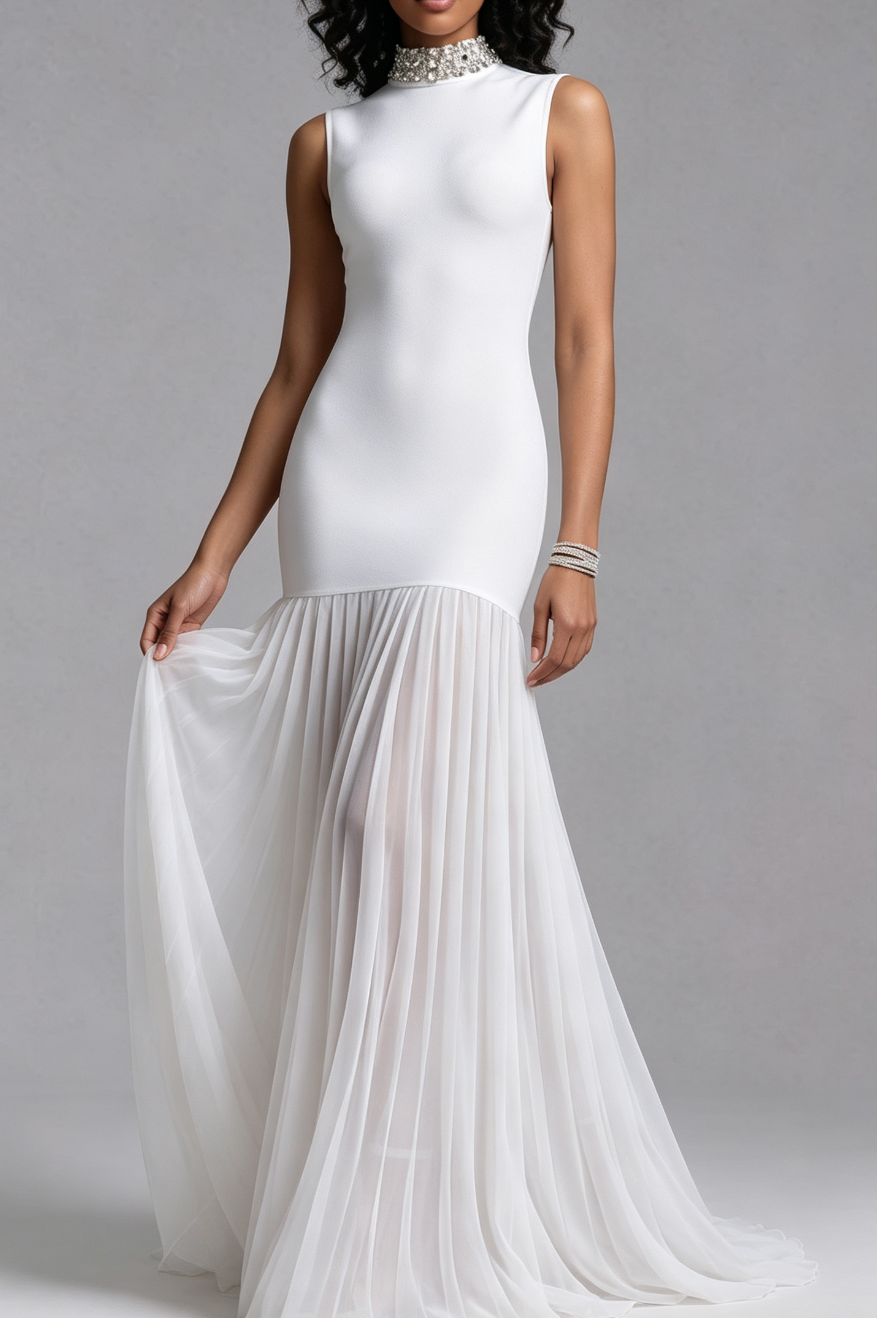 20260730150820_337_34 RHINESTONE HIGH NECK SLEEVELESS BANDAGE CHIFFON MAXI DRESS
