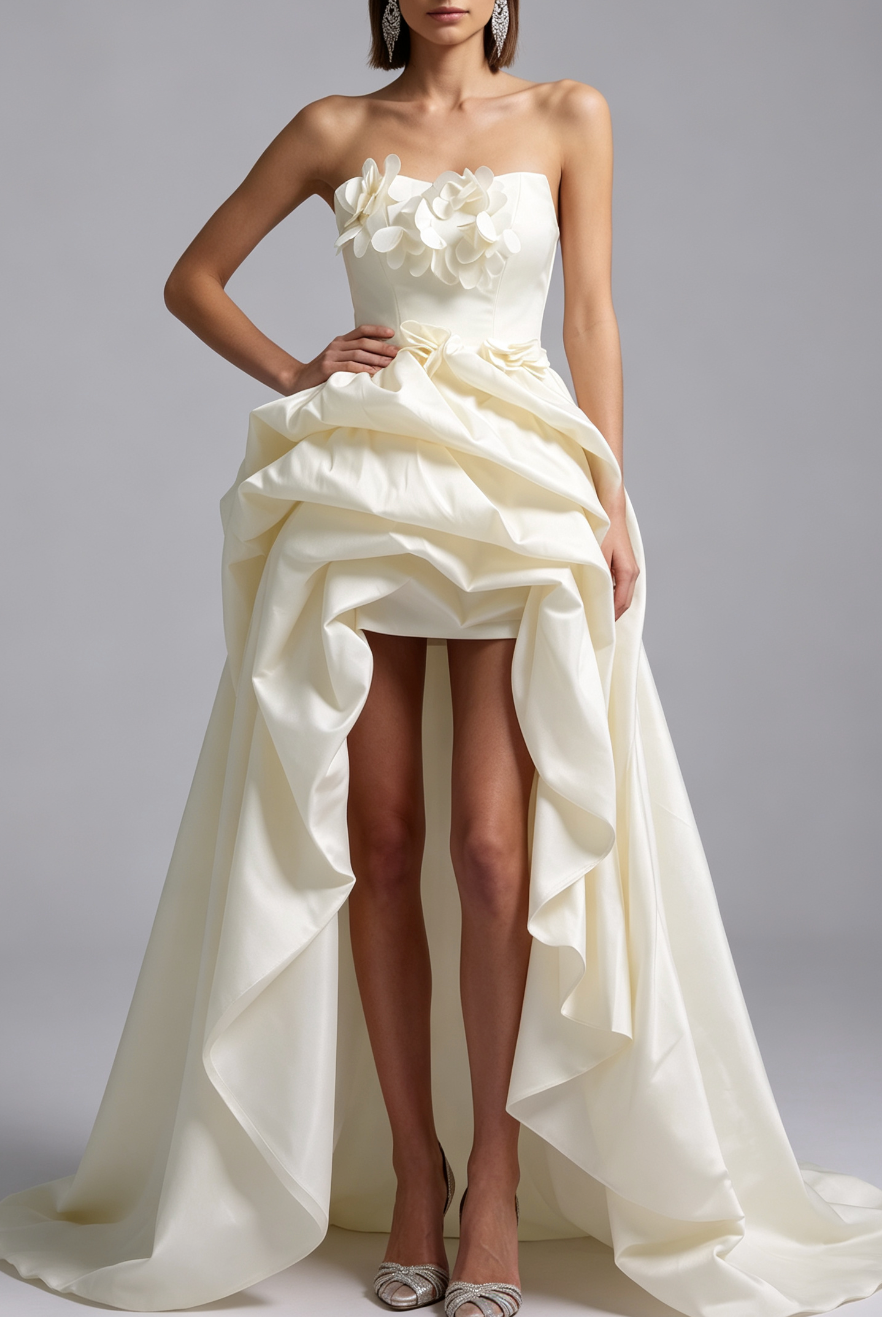STRAPLESS 3D FLOWER HIGH-LOW SATIN PROM GOWN