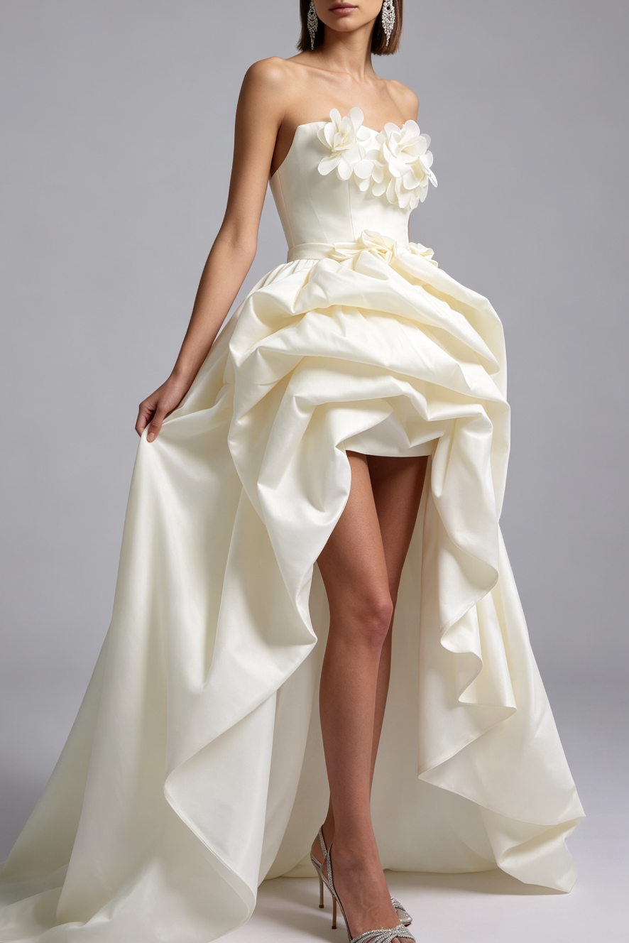 STRAPLESS 3D FLOWER HIGH-LOW SATIN PROM GOWN