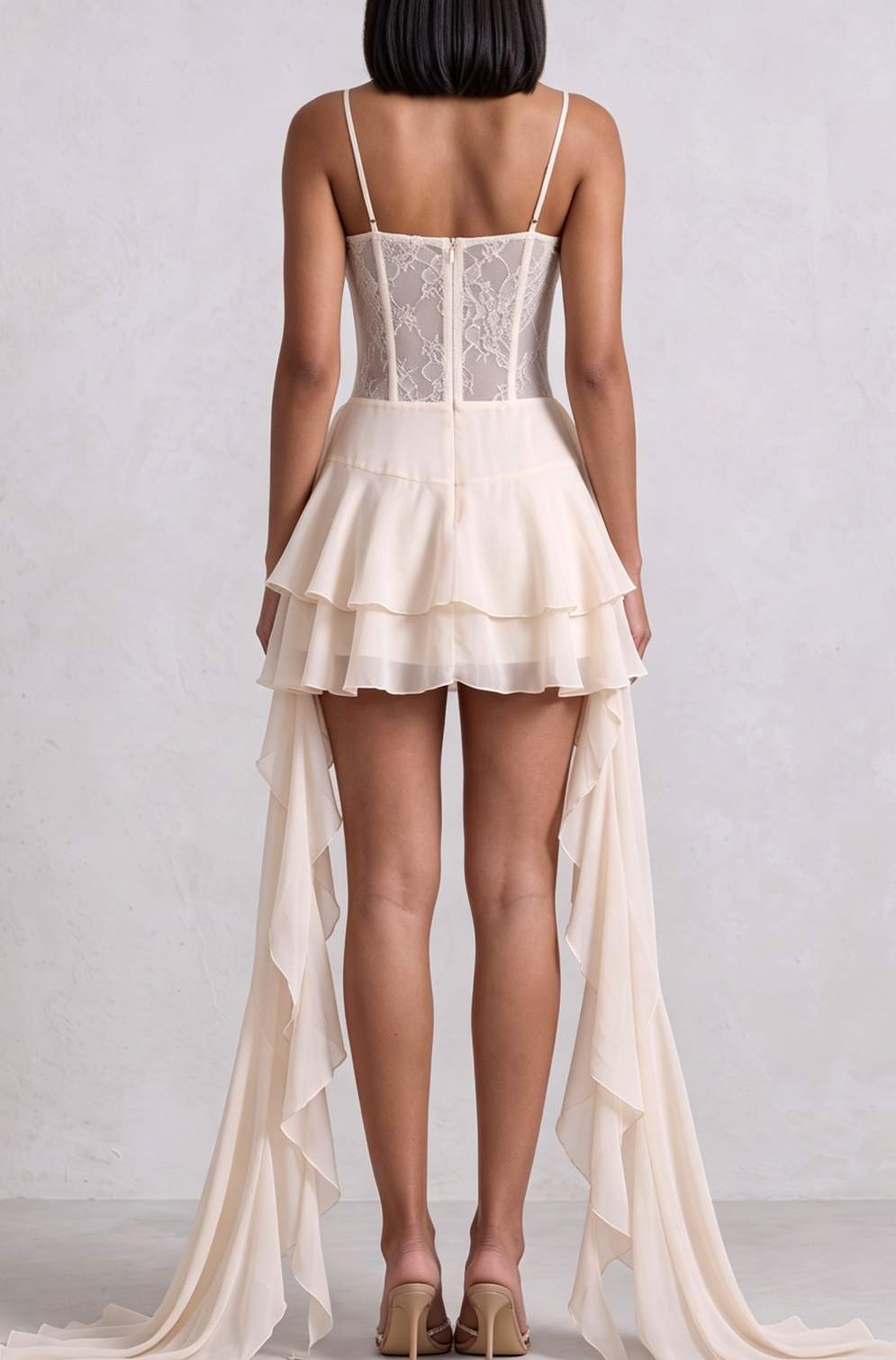 20260730160403_342_34 SPAGHETTI STRAP LACE CORSET HIGH-LOW RUFFLE MINI DRESS