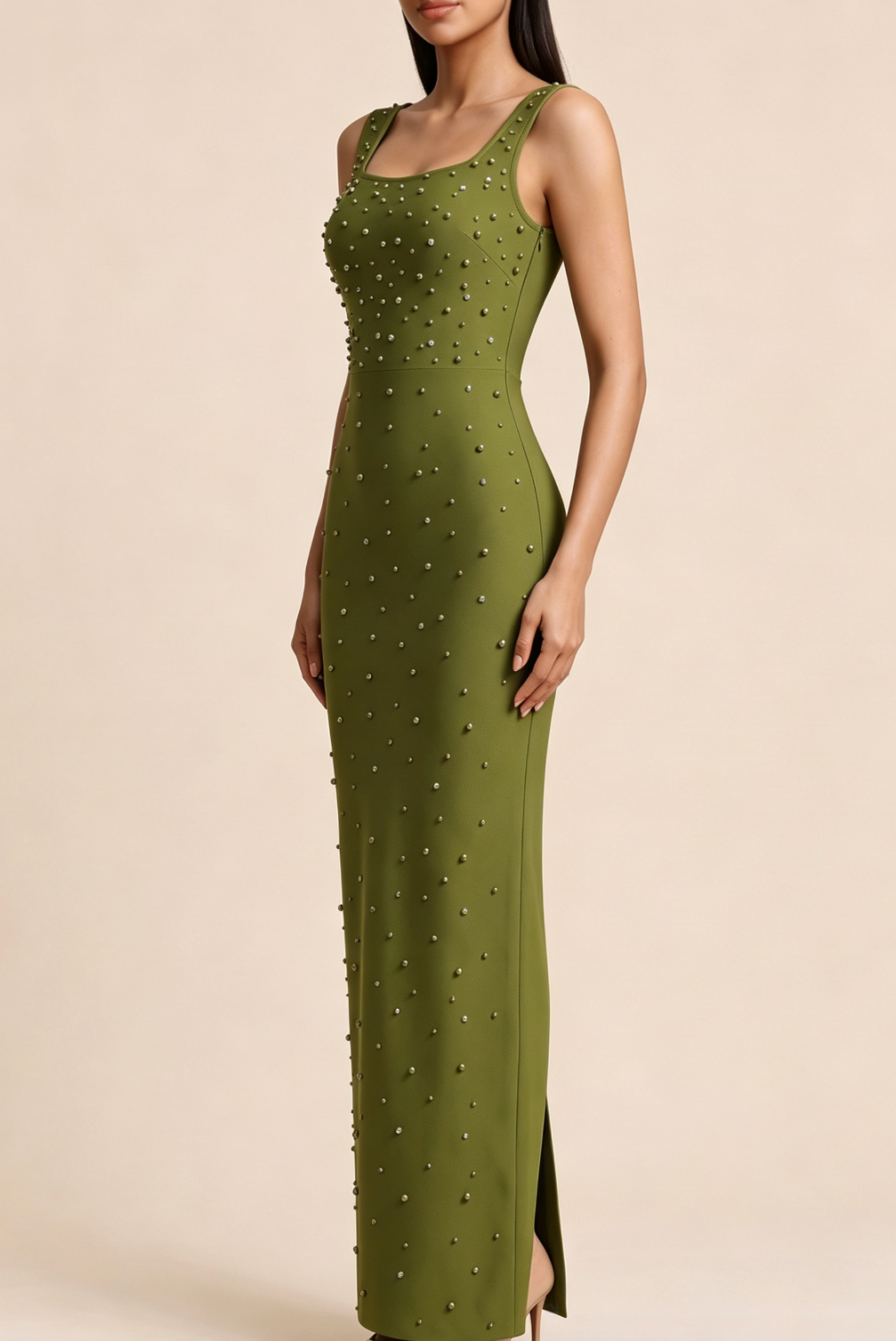 SQUARE NECK RHINESTONE MERMAID MAXI DRESS