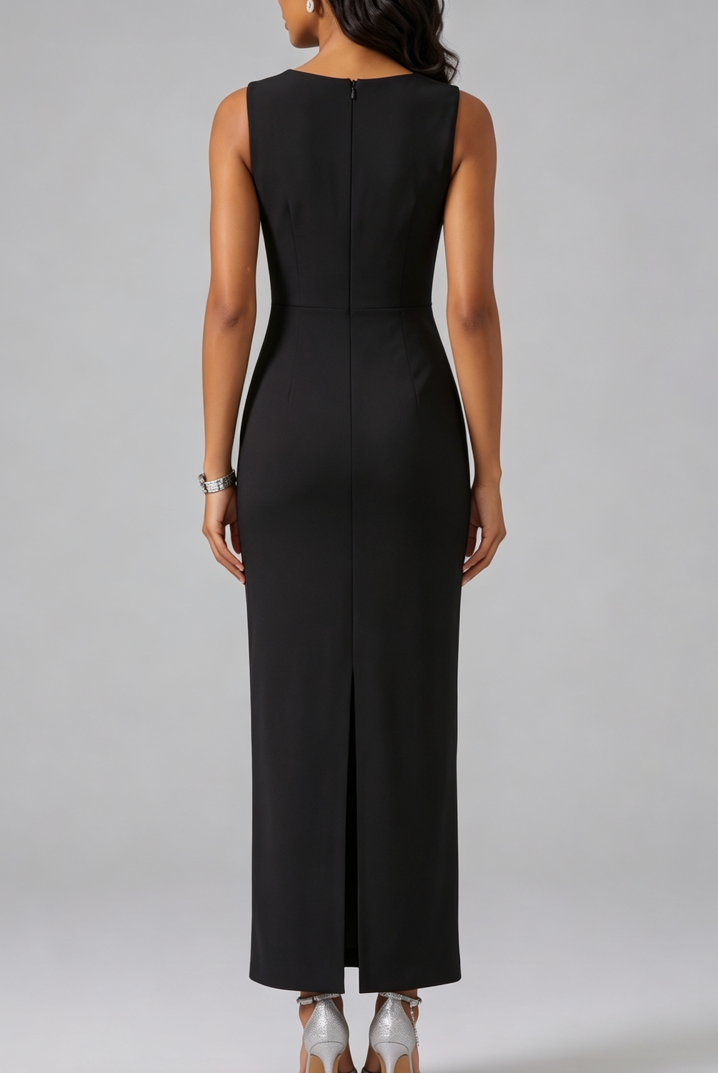 20260730170604_348_34 SLEEVELESS SQUARE NECK RHINESTONE FRINGE BODYCON MIDI DRESS