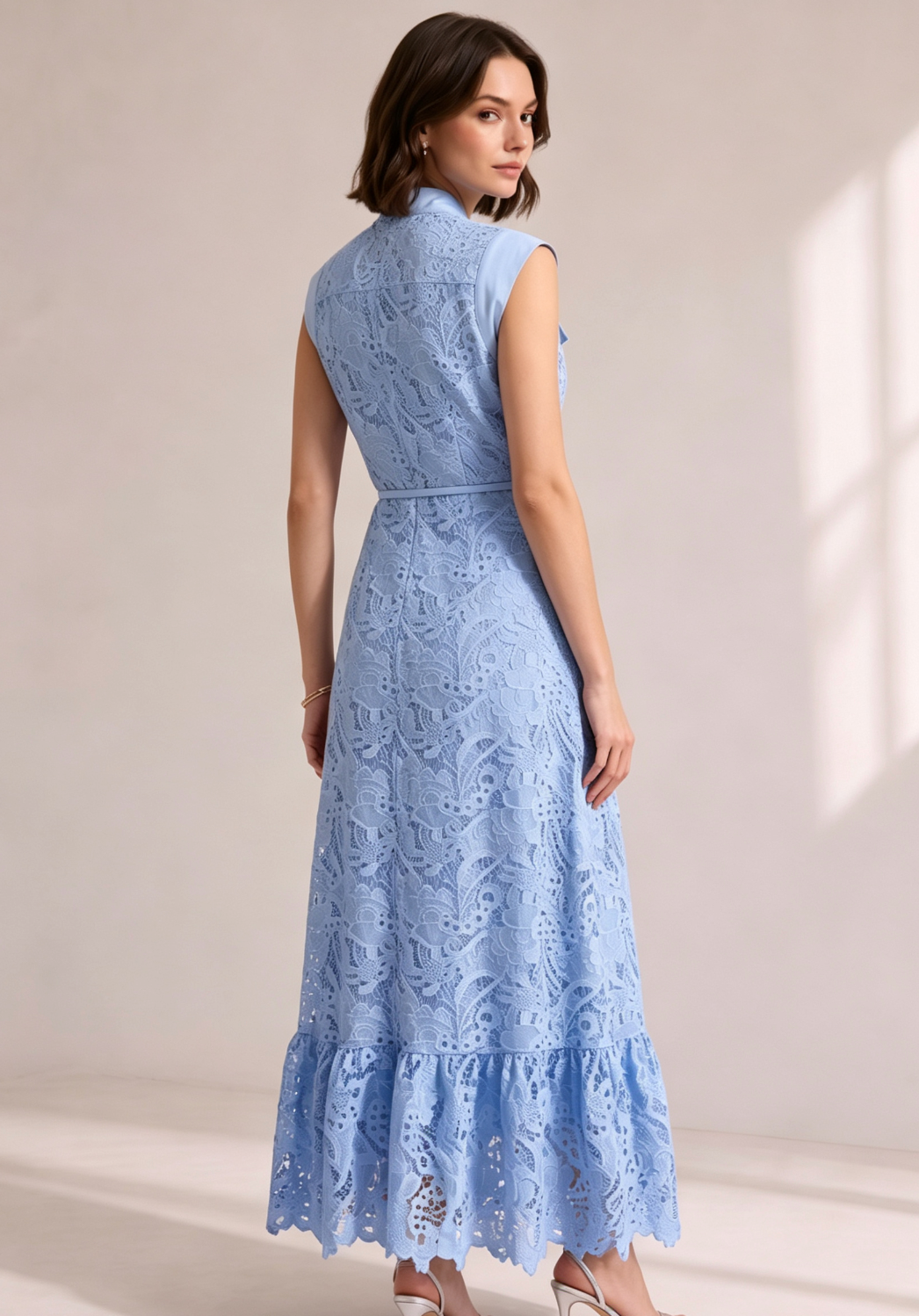 20260803163106_363_34 SKY BLUE SLEEVELESS LACE MIDI SHIRT DRESS