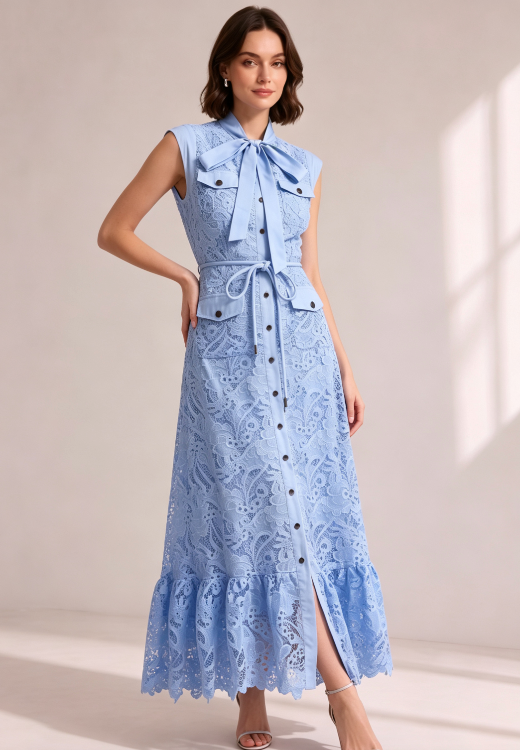 20260803163314_364_34 SKY BLUE SLEEVELESS LACE MIDI SHIRT DRESS