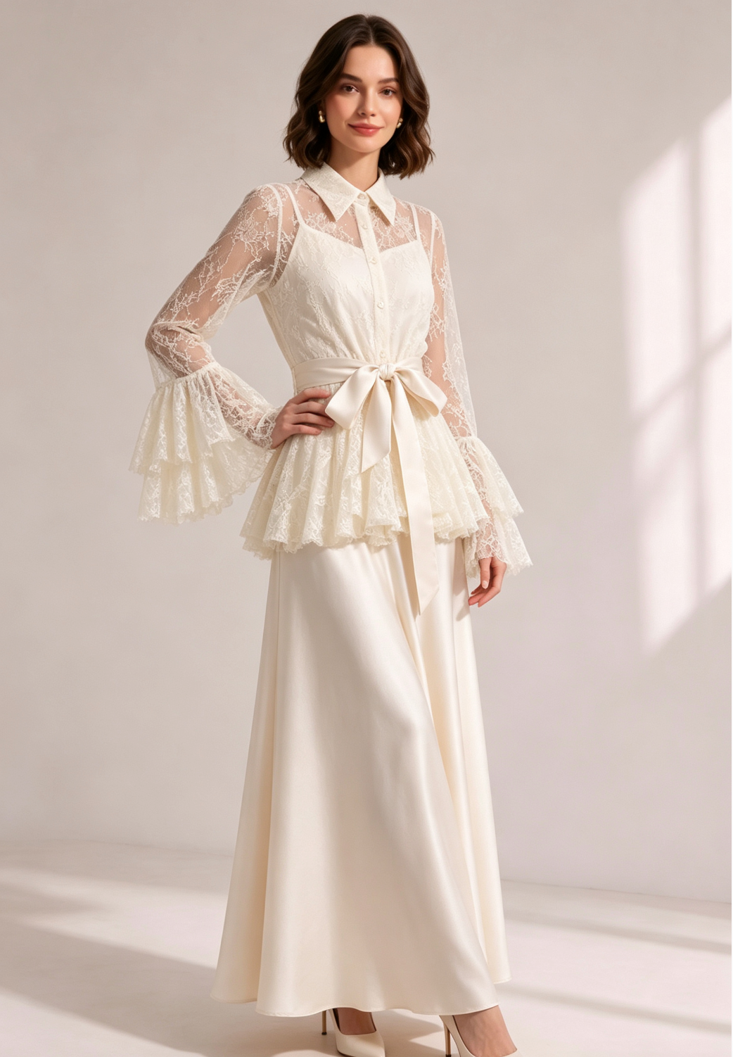 20260803163949_365_34 CREAM LACE FLARE SLEEVE SATIN CAMI BELT WIDE LEG MAXI SET