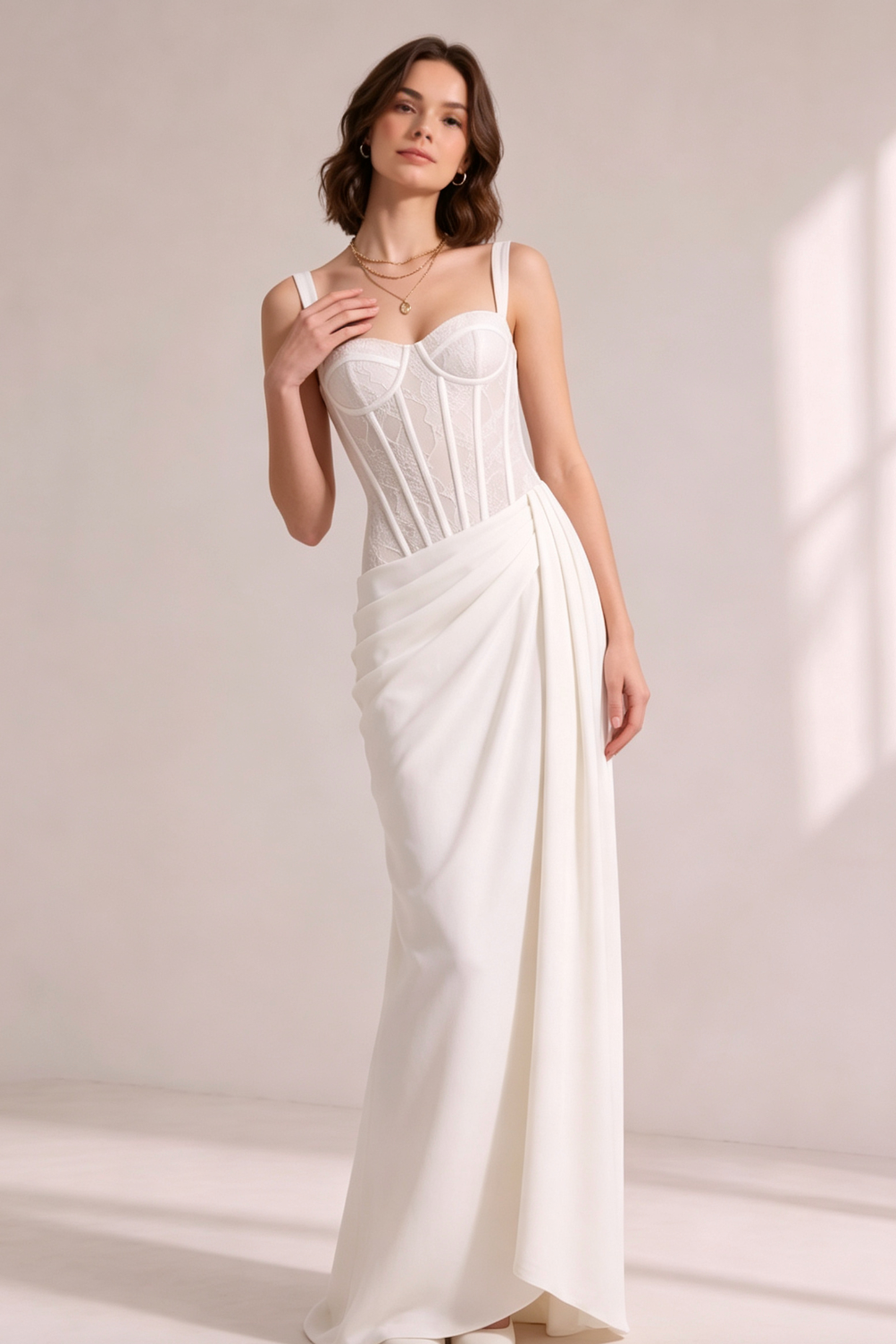 20260804143733_371_34 WHITE LACE CORSET SATIN DRAPED MAXI GOWN