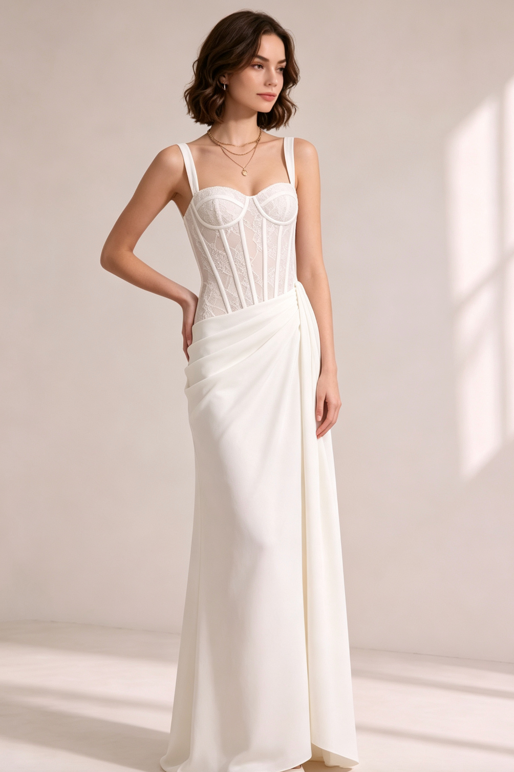20260804143935_372_34 WHITE LACE CORSET SATIN DRAPED MAXI GOWN