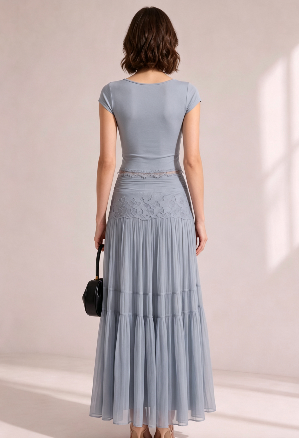DUSTY BLUE LACE CROP TOP & TIERED MIDI SKIRT SET